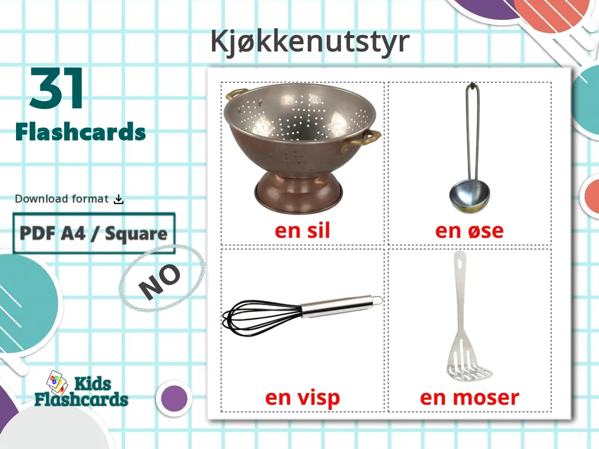 31 Printable Kitchenware Flashcards in Norwegian (Free PDF)