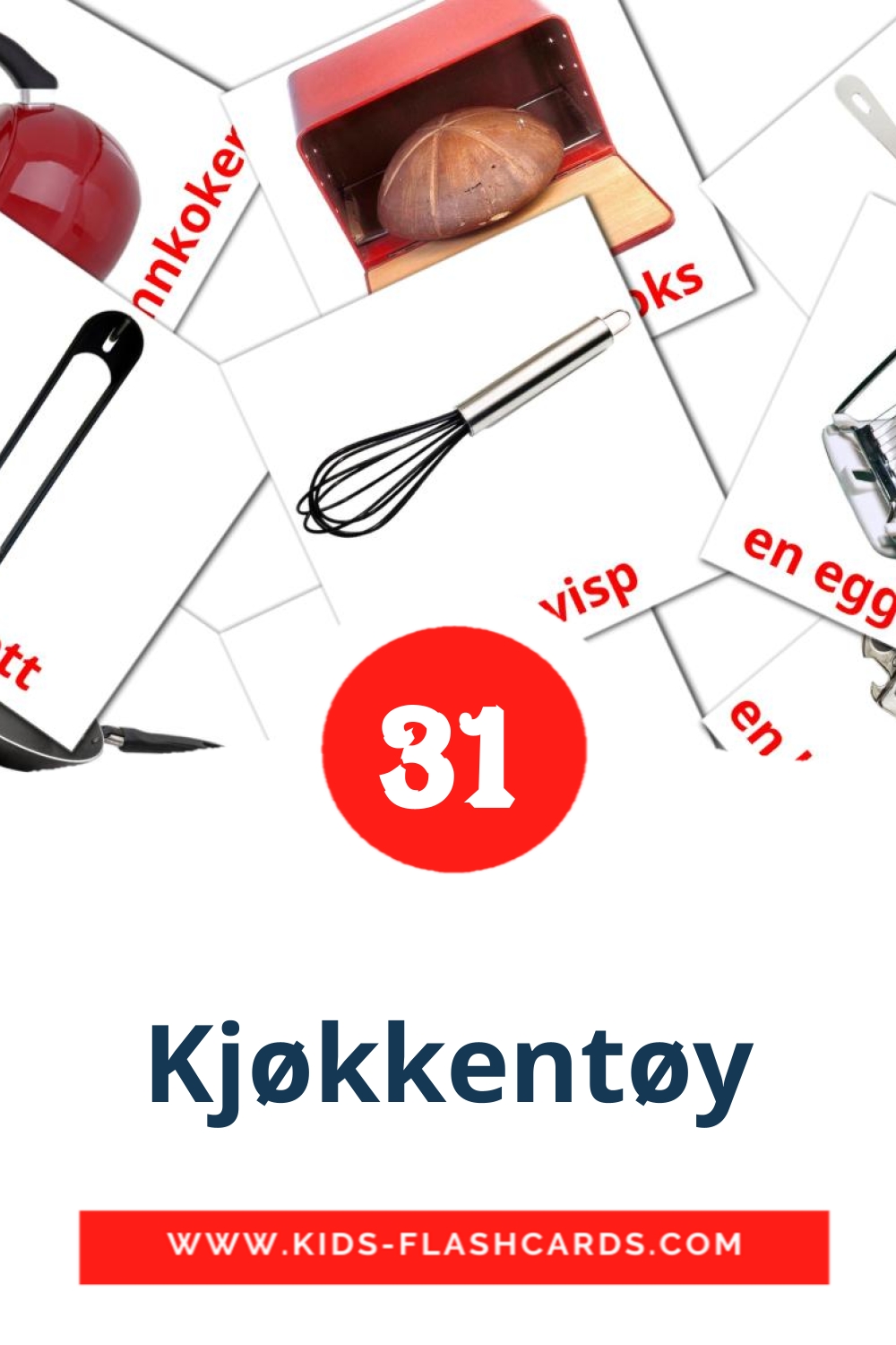 35 cartes illustrées de Kjøkkentøy pour la maternelle en norvégien