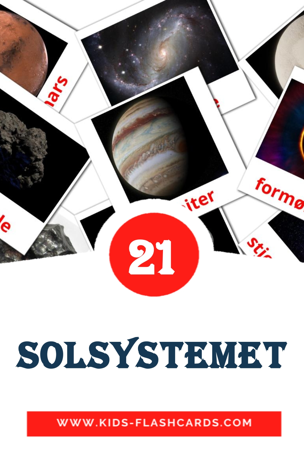 21 tarjetas didacticas de Solsystemet para el jardín de infancia en noruego