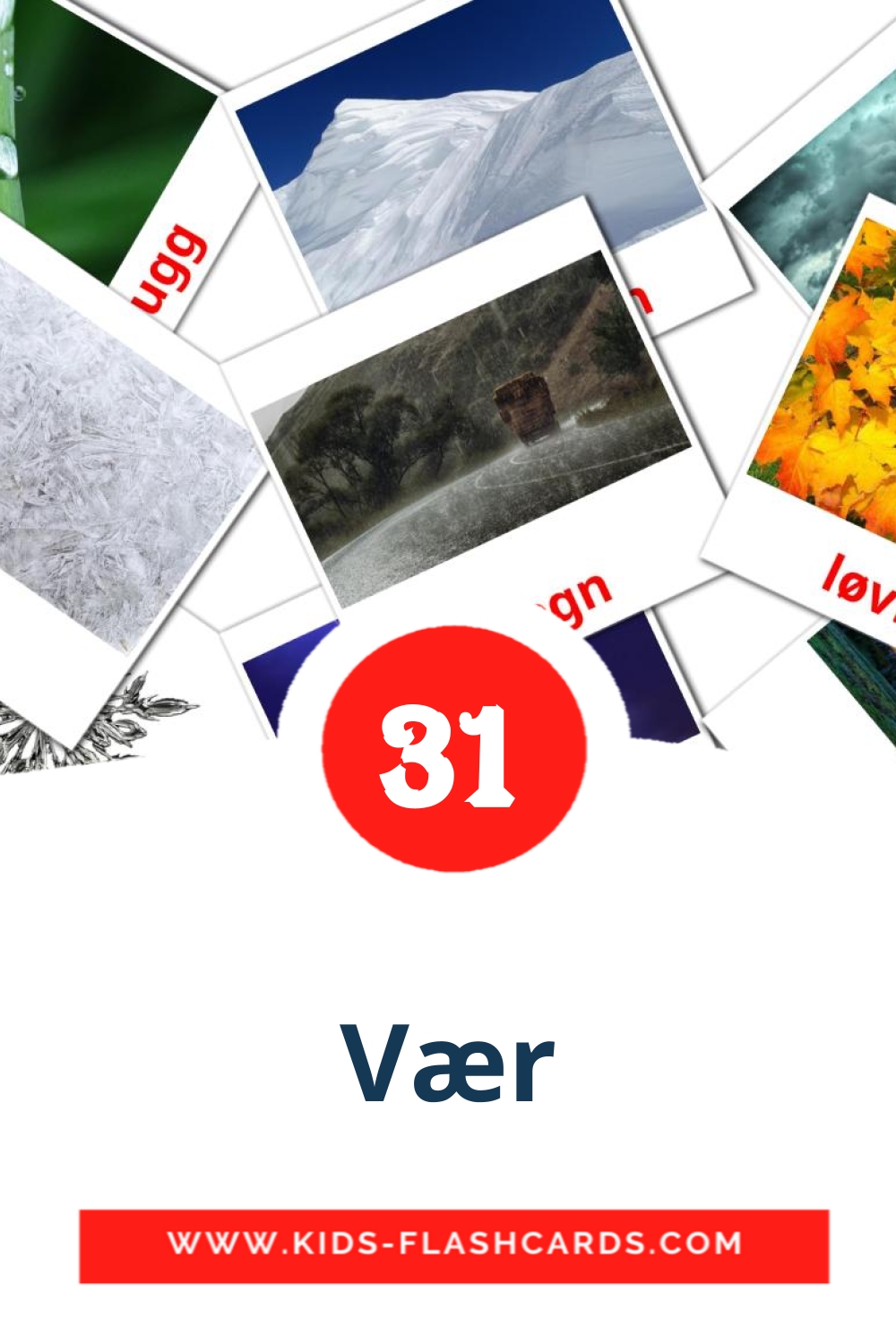 31 cartes illustrées de Vær pour la maternelle en norvégien