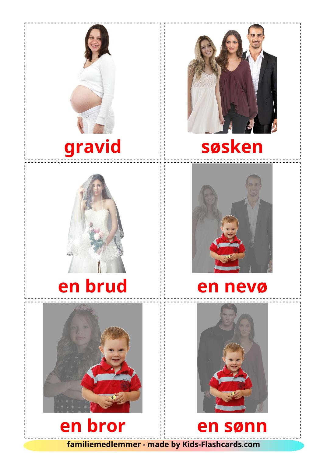 Les Membres de la Famille - 32 Flashcards norvégien imprimables gratuitement