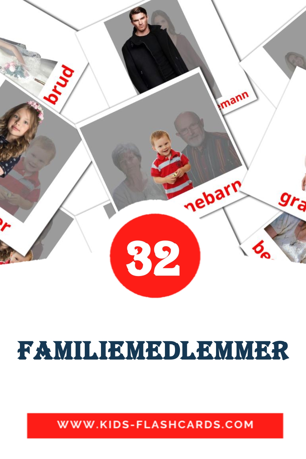 32 cartes illustrées de familiemedlemmer pour la maternelle en norvégien