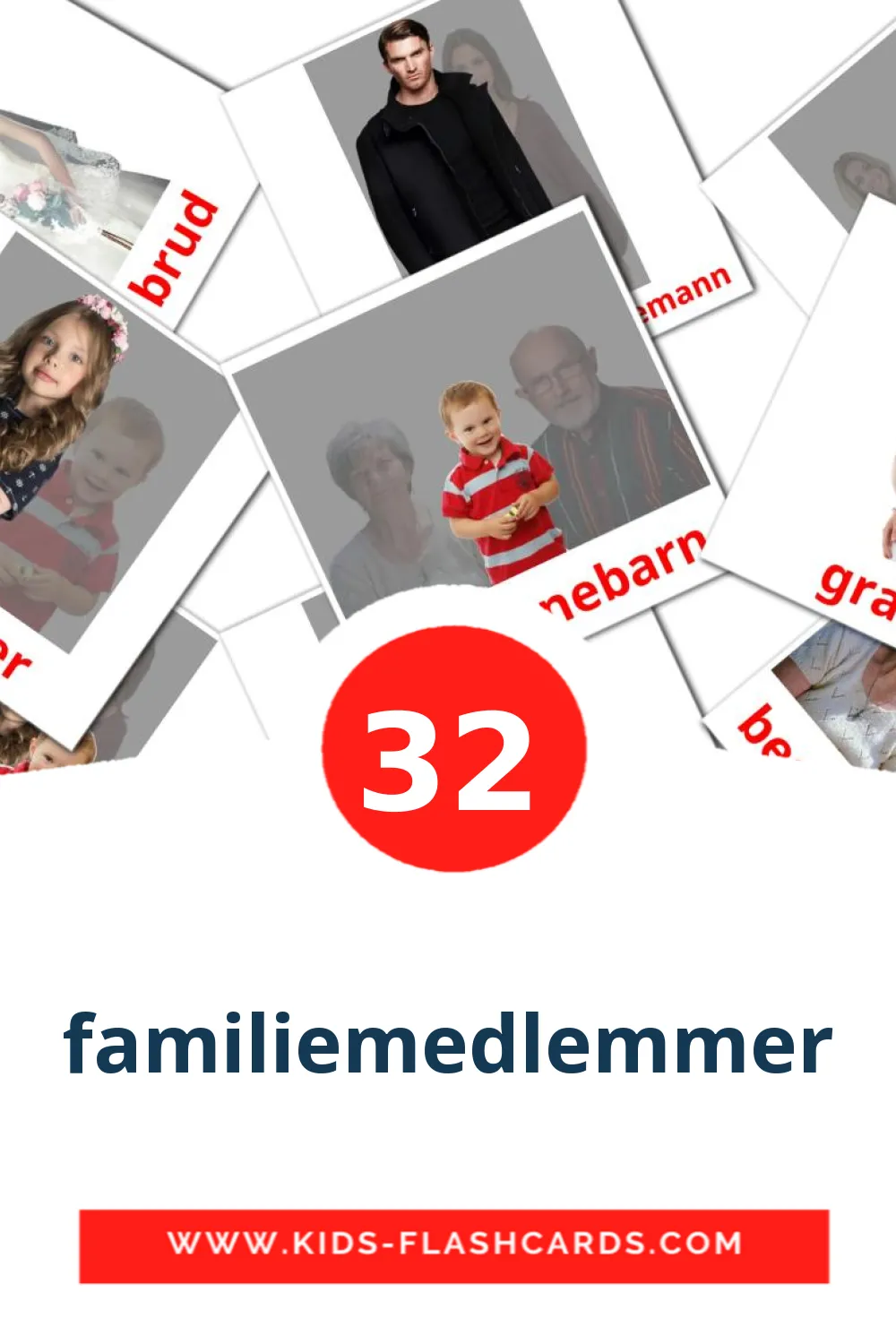 32 Cartões com Imagens de familiemedlemmer para Jardim de Infância em norueguês