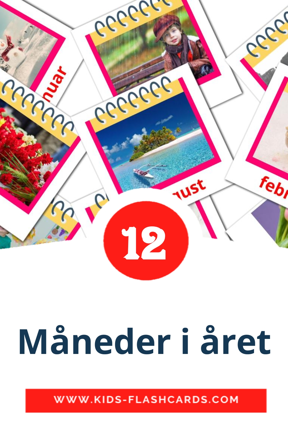 12 tarjetas didacticas de Måneder i året para el jardín de infancia en noruego