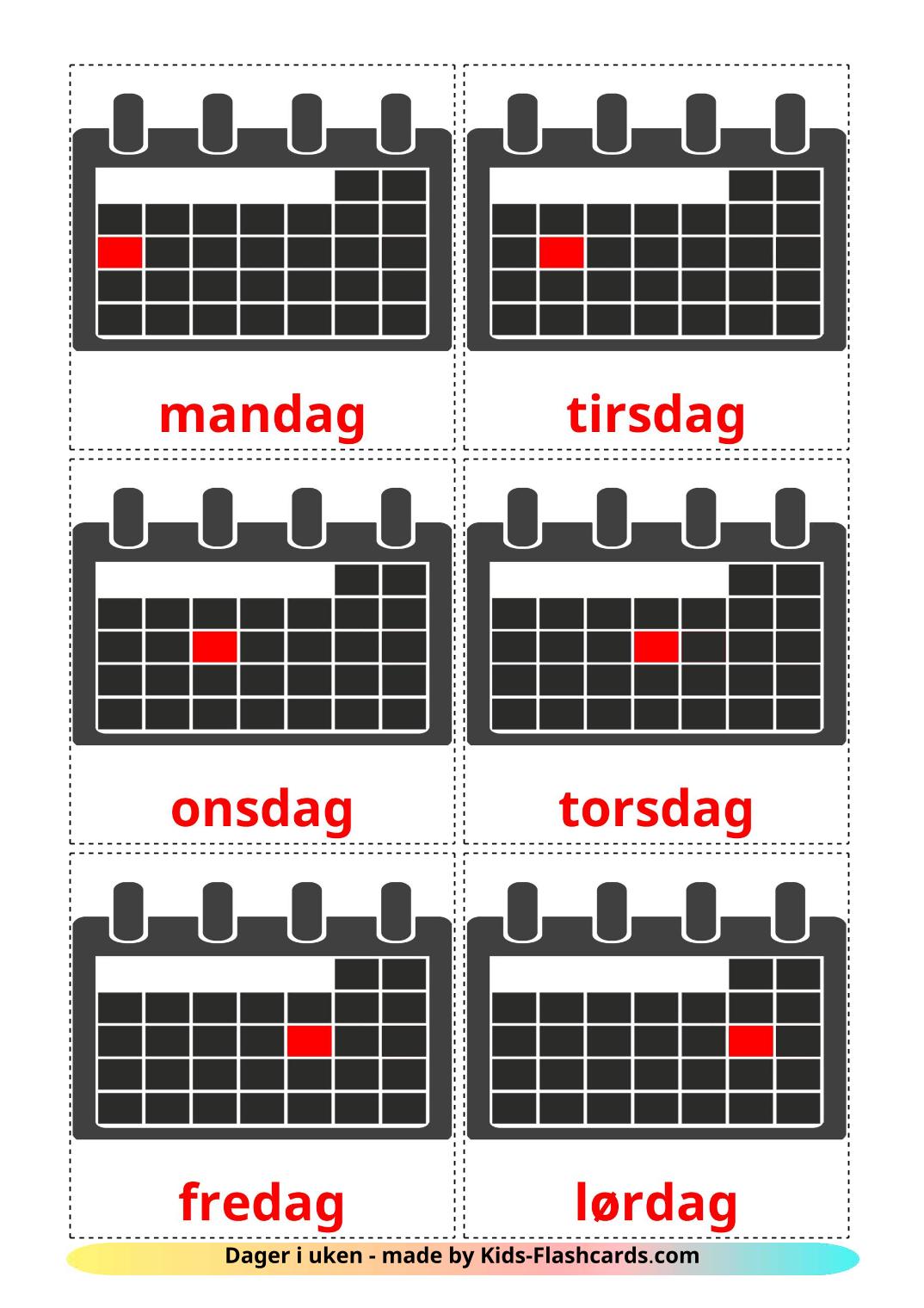Giorni della settimana - 12 flashcards norvegese stampabili gratuitamente