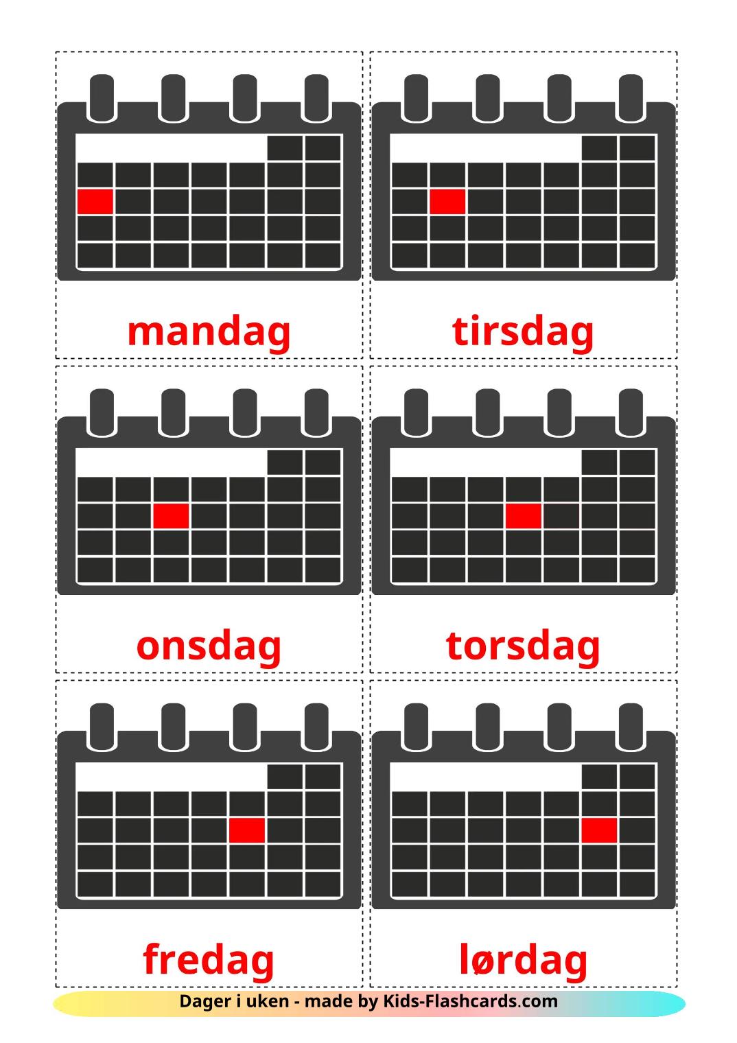 Dias da Semana - 13 Flashcards norueguêses gratuitos para impressão