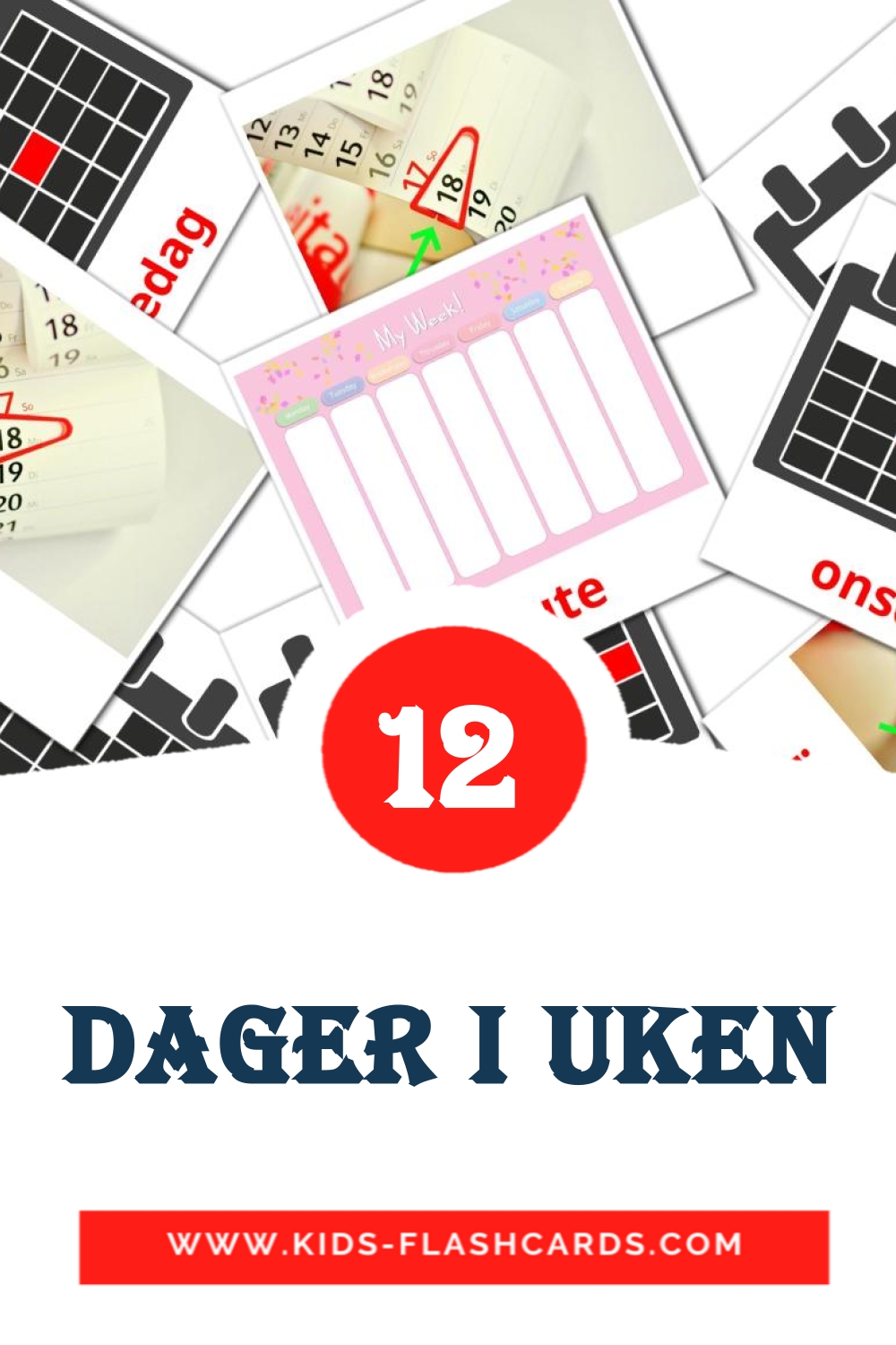 12 Cartões com Imagens de Dager i uken para Jardim de Infância em norueguês