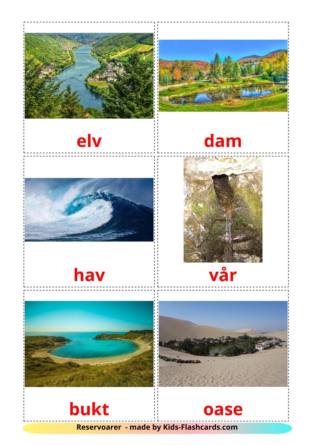 Éléments d'eau - 30 Flashcards norvégien imprimables gratuitement