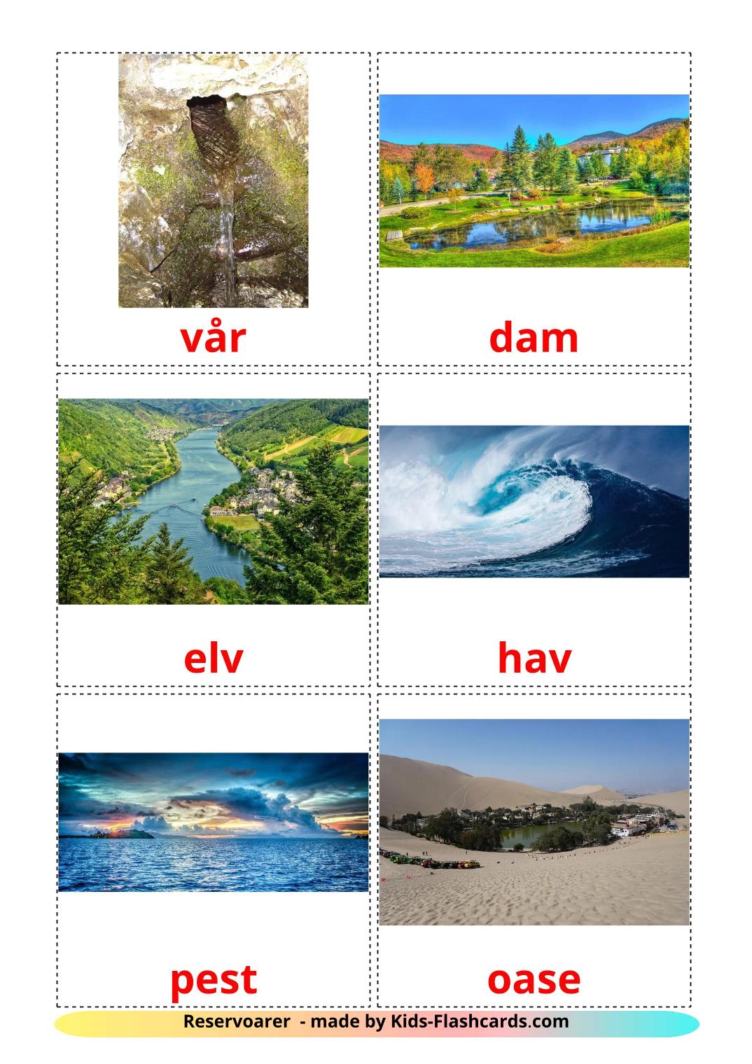 Corpos de água - 30 Flashcards norueguêses gratuitos para impressão