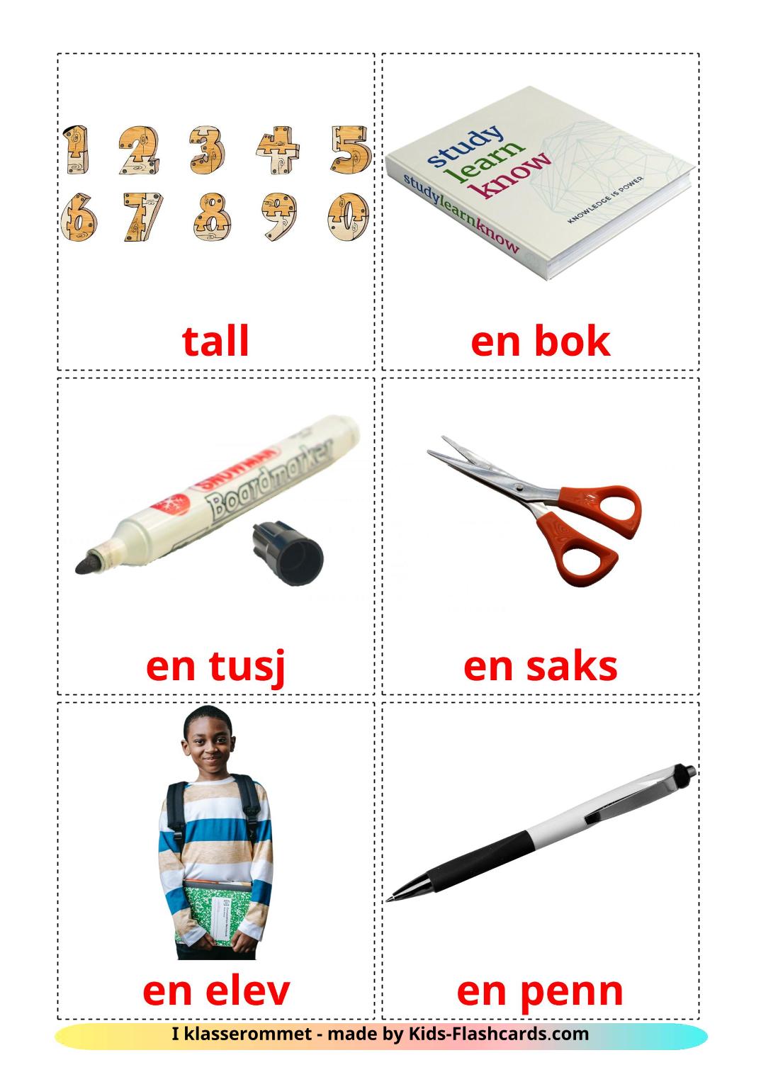 Classroom objects - 36 Free Printable norwegian Flashcards 