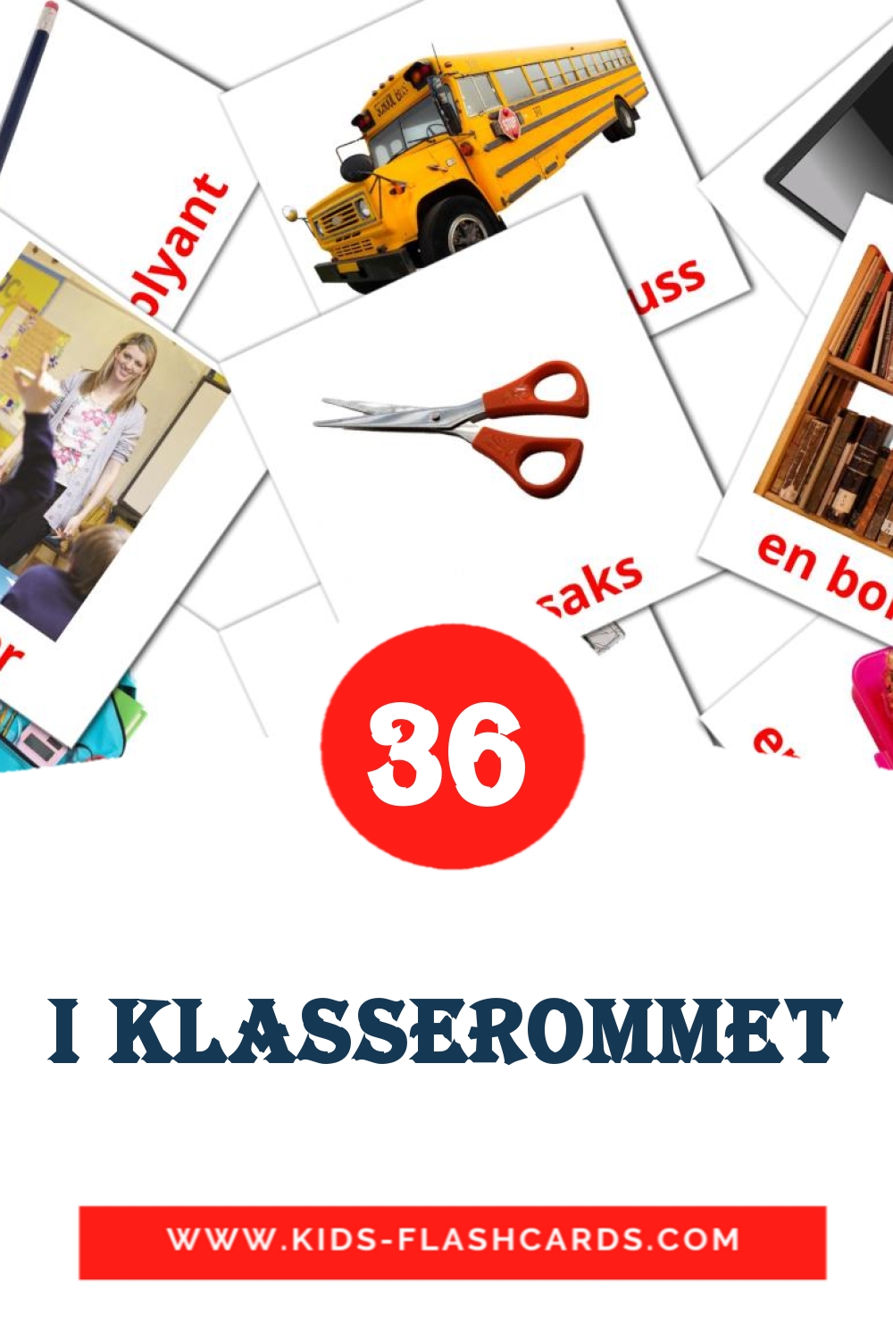 36 cartes illustrées de I klasserommet pour la maternelle en norvégien