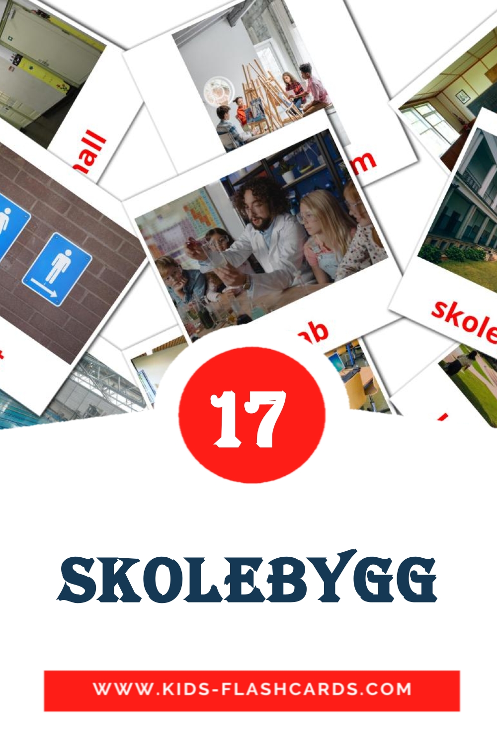 17 cartes illustrées de Skolebygg pour la maternelle en norvégien