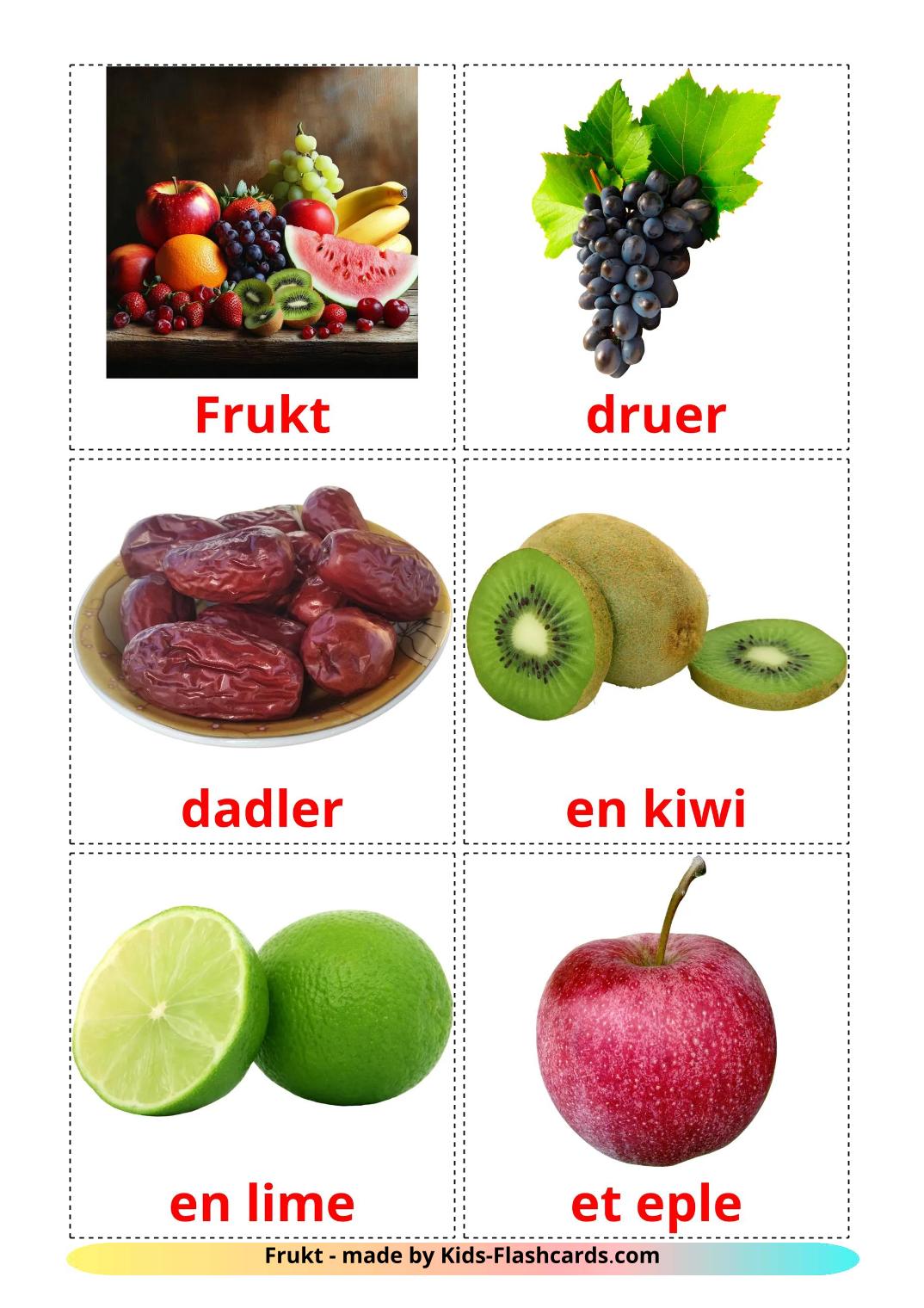 Frutas - 21 Flashcards norueguêses gratuitos para impressão