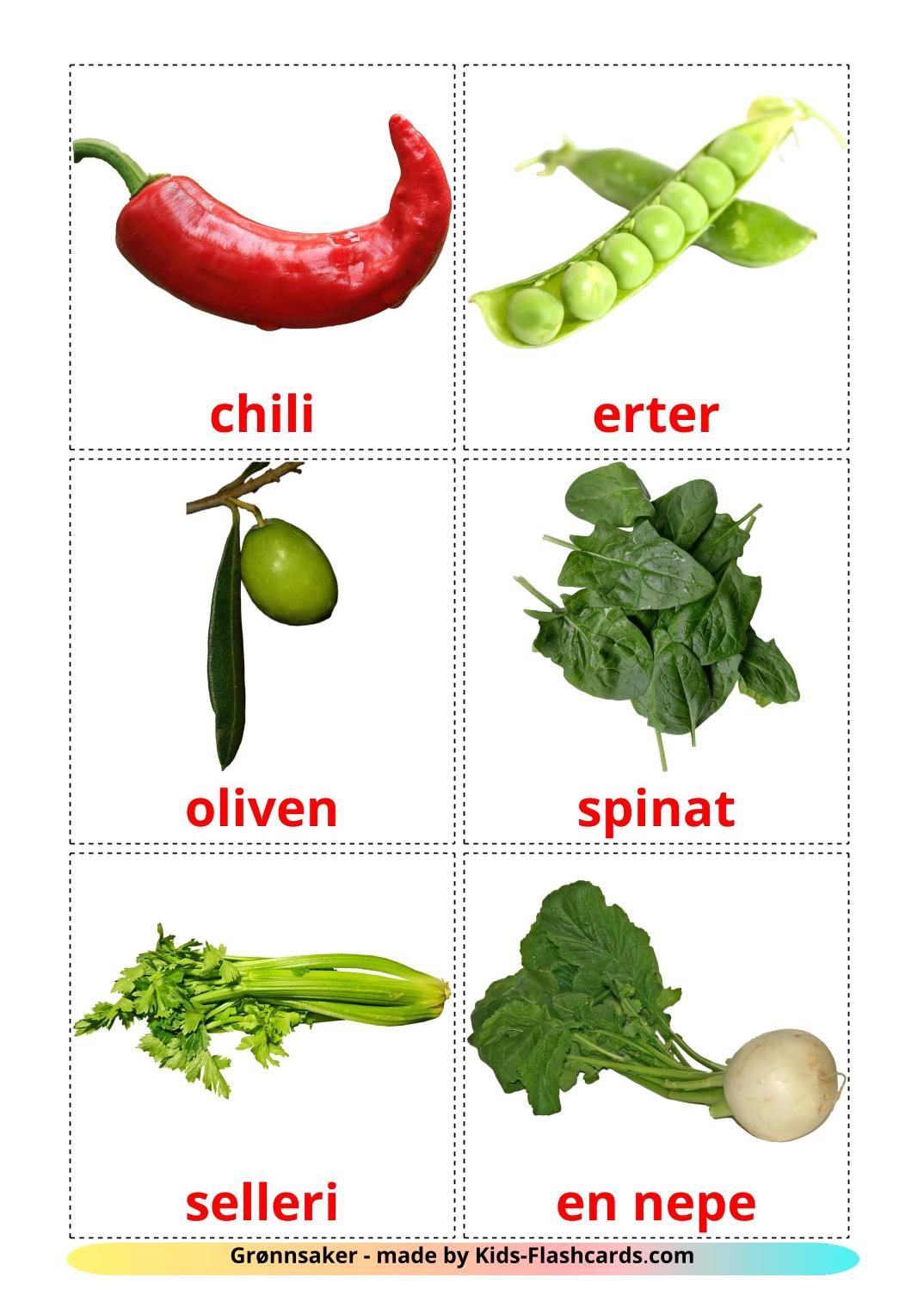 Les Légumes - 29 Flashcards norvégien imprimables gratuitement