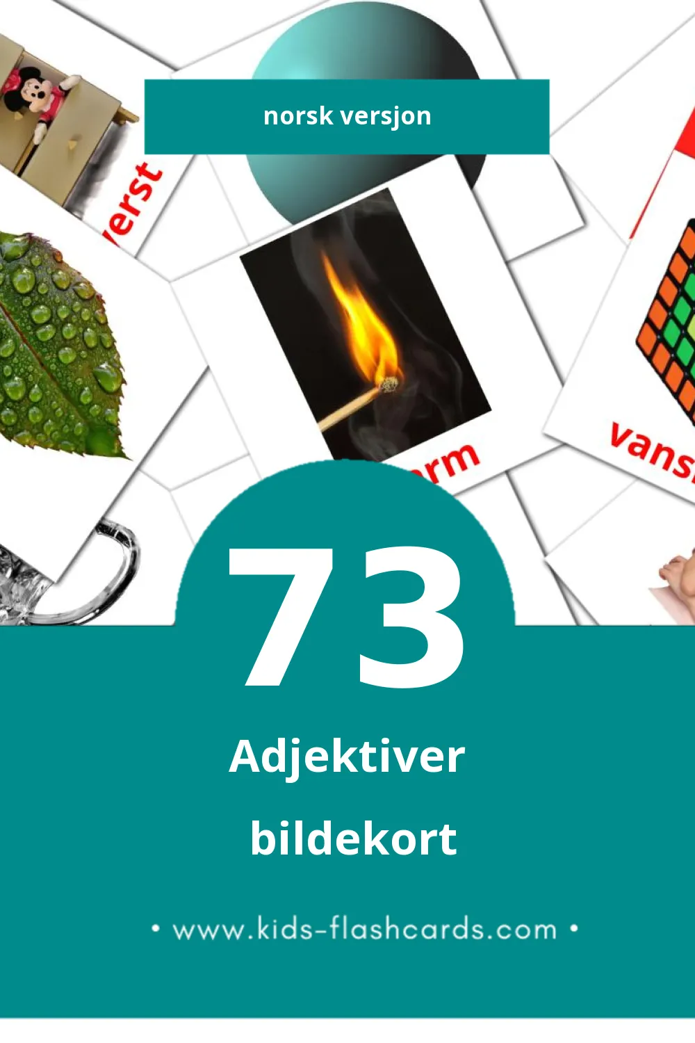 Visuelle Adjektiver bildekort for småbarn (73 kort på Norsk)