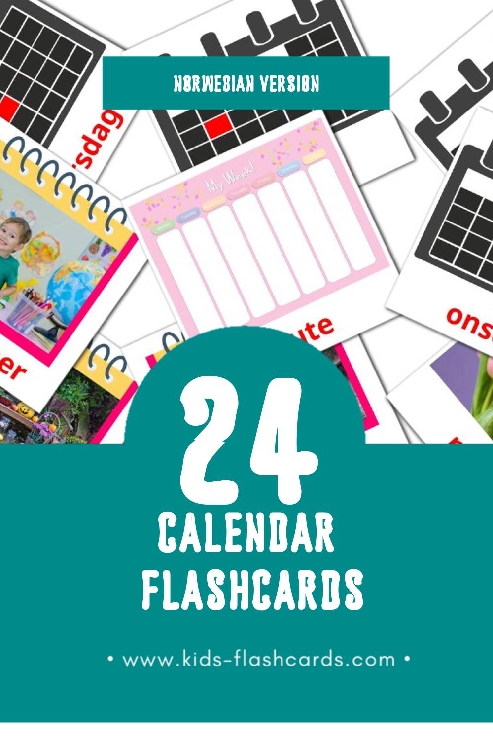 Visual Kalender Flashcards for Toddlers (24 cards in Norwegian)