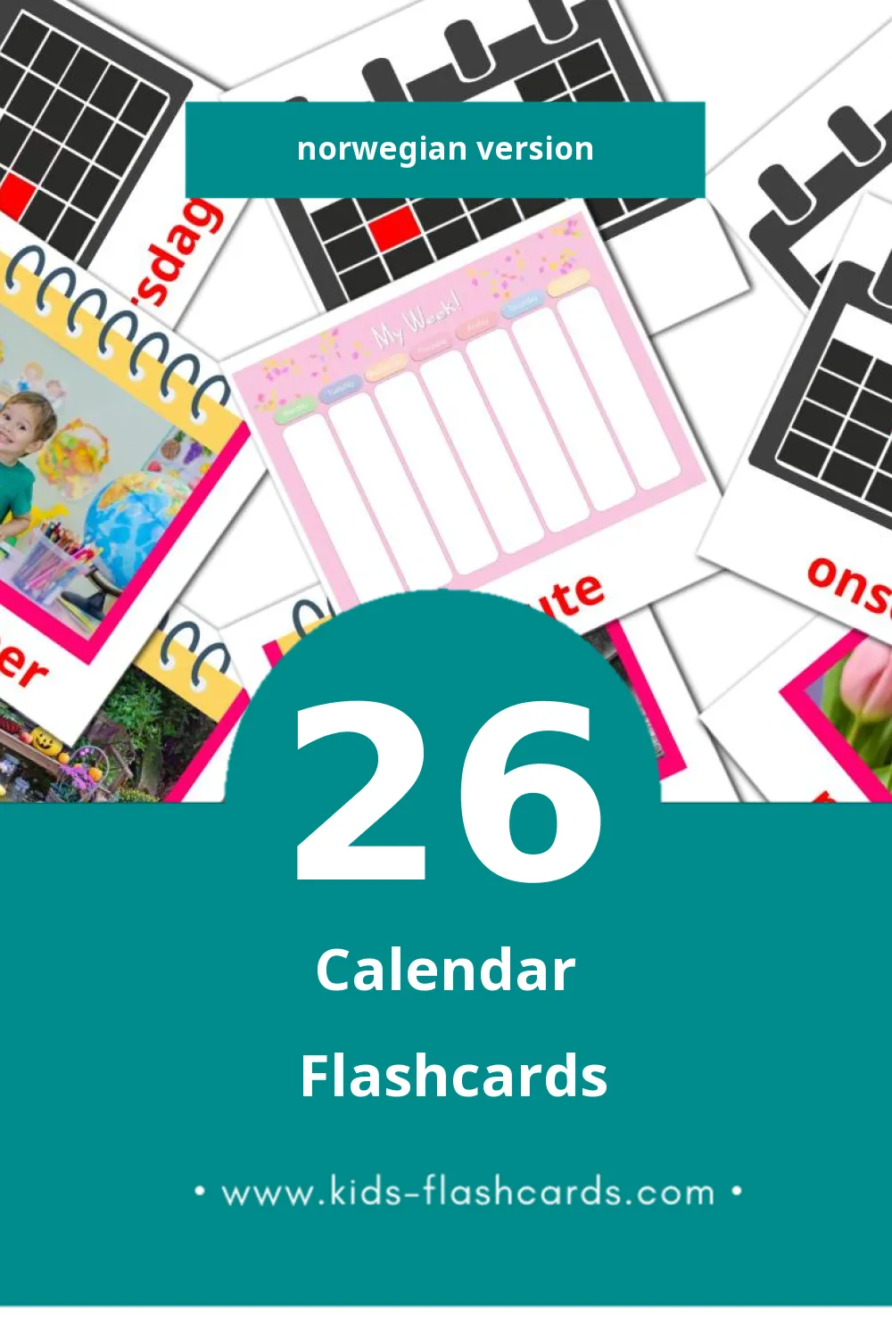 Visual Kalender Flashcards for Toddlers (26 cards in Norwegian)