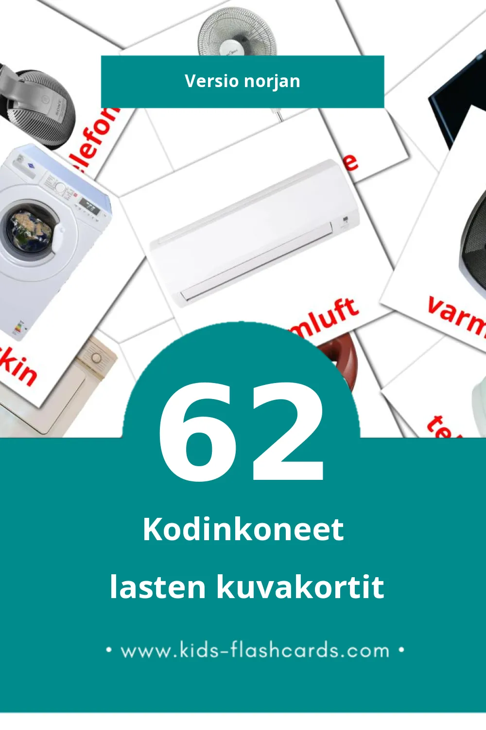 Husholdningsapparater lasten kuvakortit pikkulapsille (62 korttia Norjanksi)