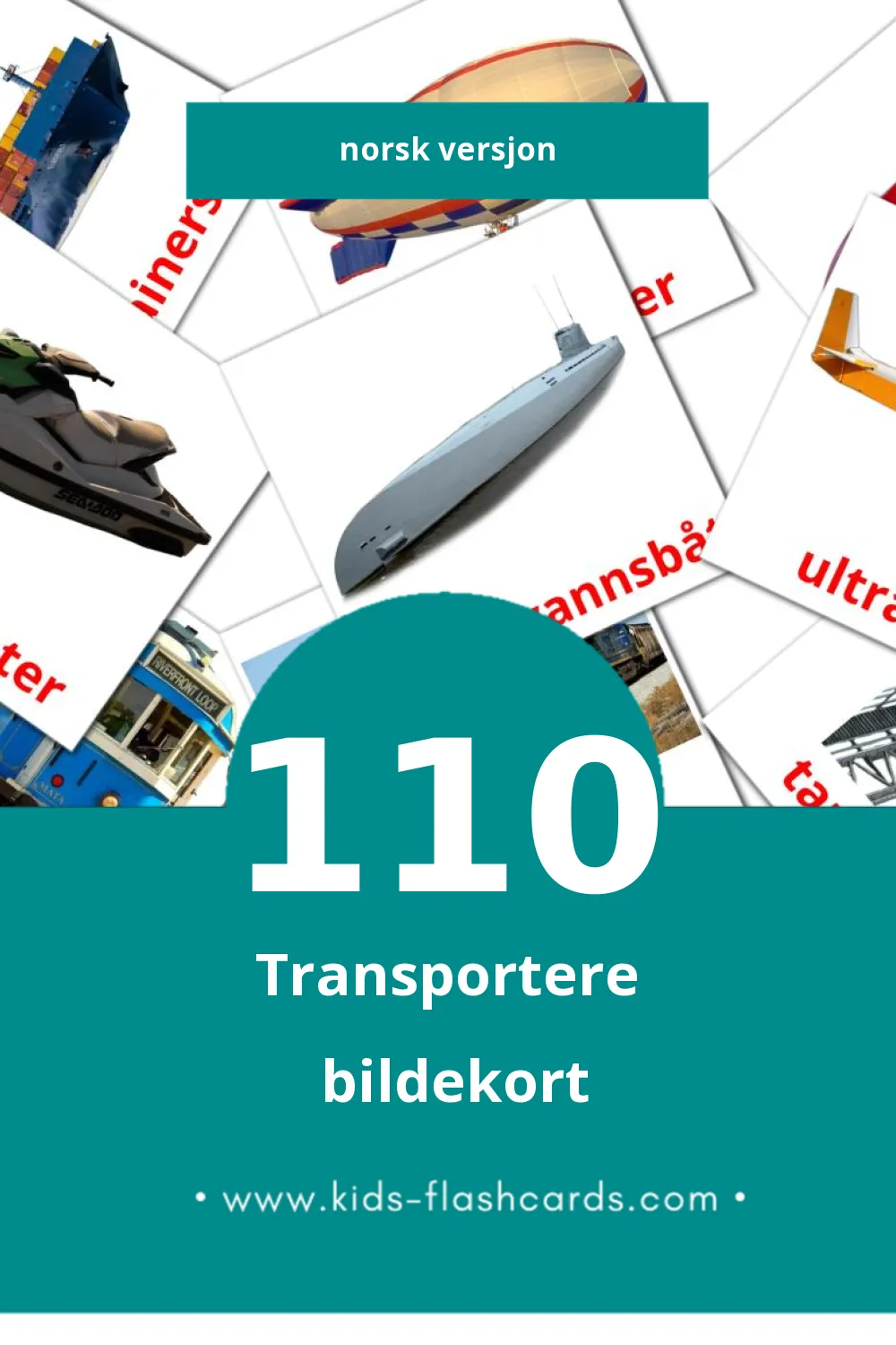 Visuelle Transportere bildekort for småbarn (110 kort på Norsk)