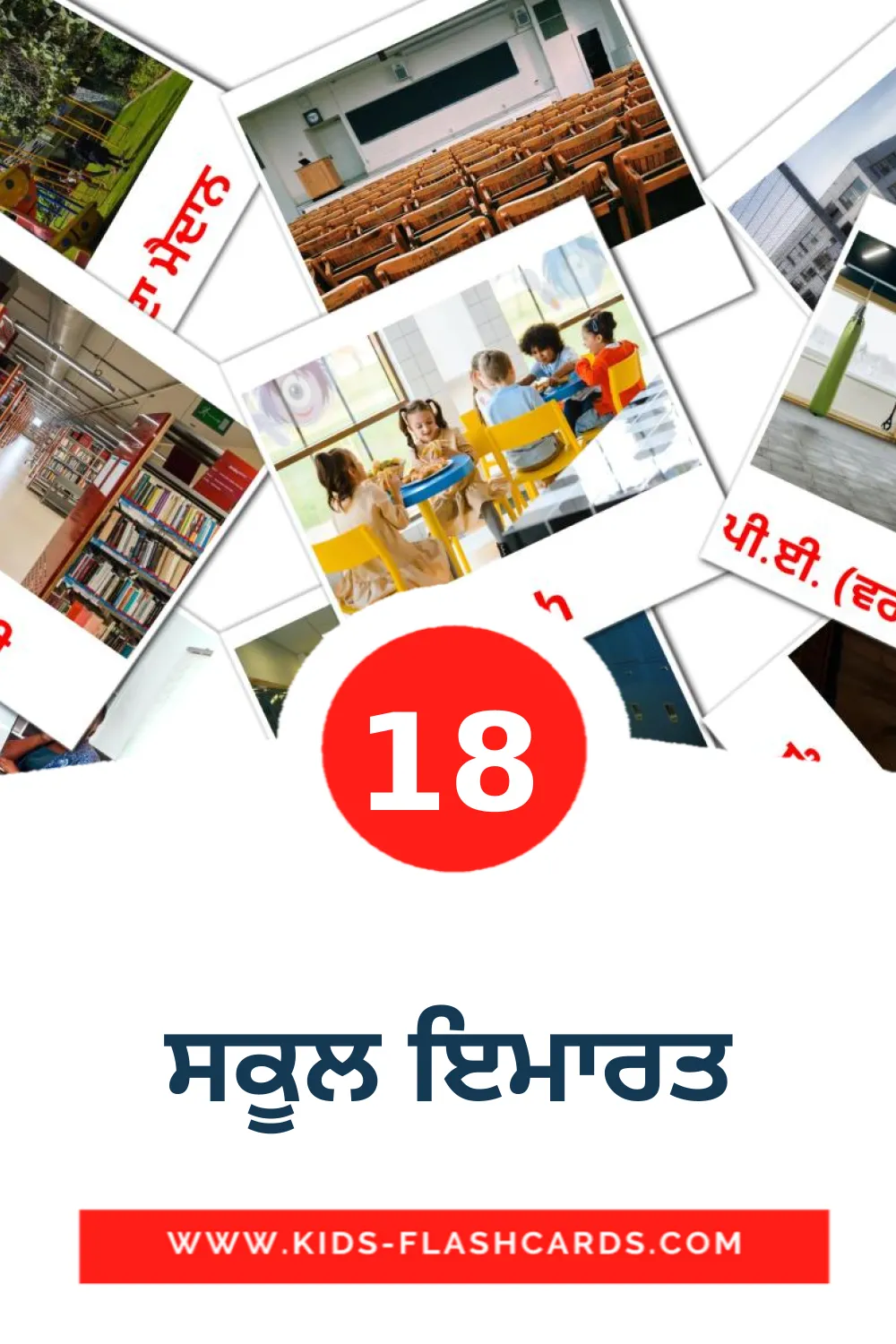 18 ਸਕੂਲ ਇਮਾਰਤ Picture Cards for Kindergarden in punjabi(Gurmukhi)