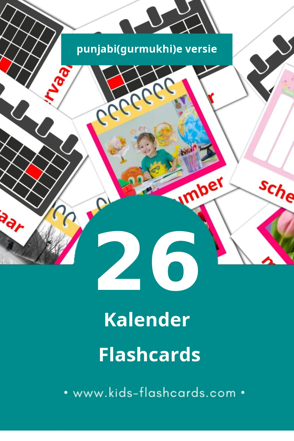 Visuele Calender  Flashcards voor Kleuters (26 kaarten in het Punjabi(gurmukhi))
