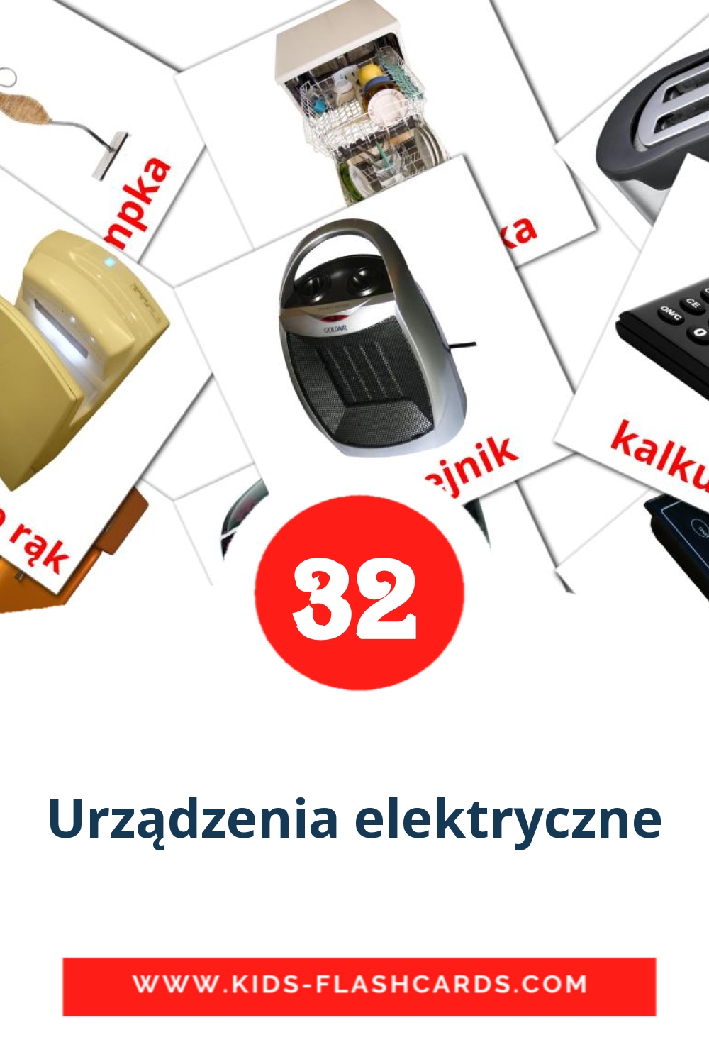 32 cartes illustrées de Urządzenia elektryczne pour la maternelle en polonais