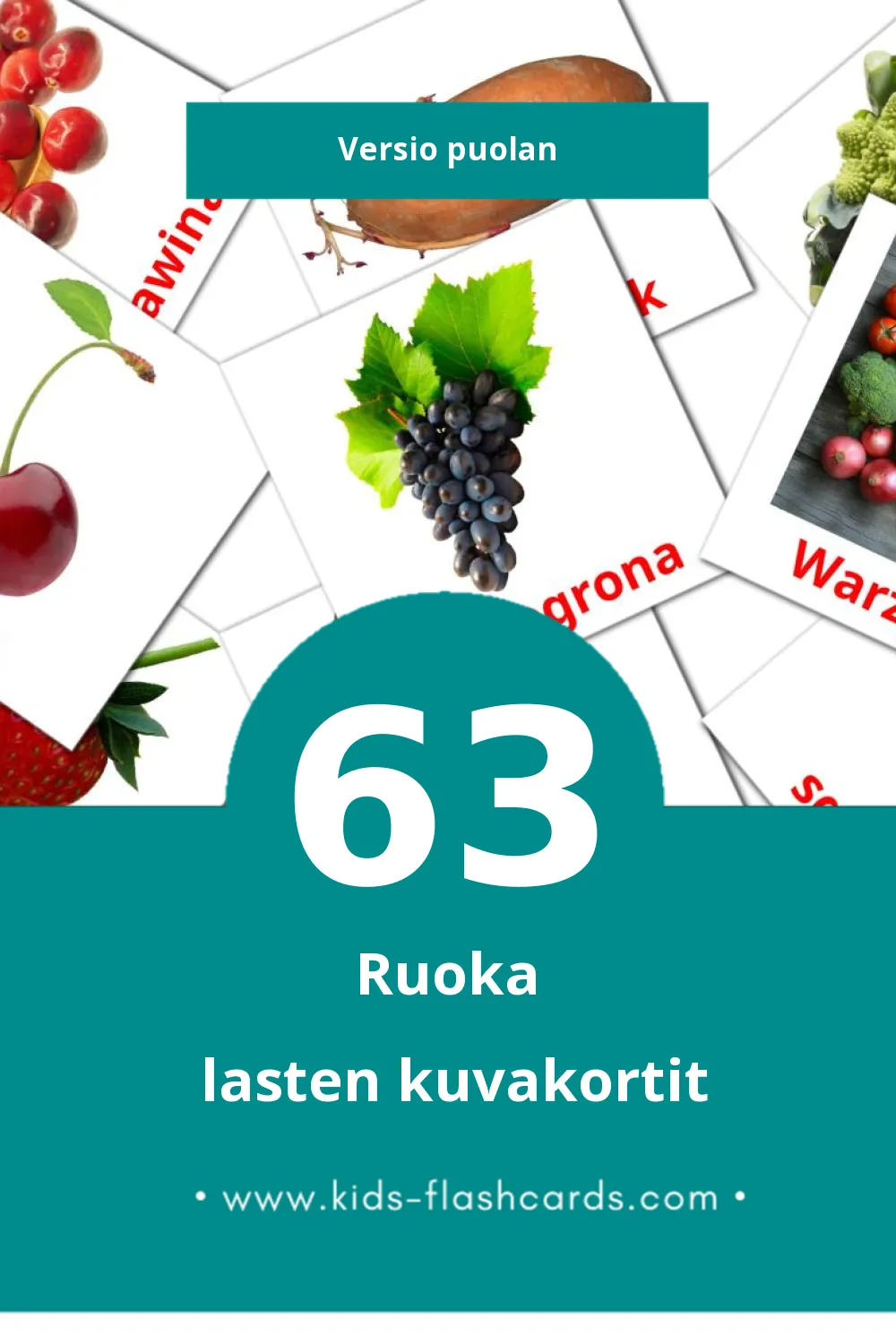 Jedzenie lasten kuvakortit pikkulapsille (63 korttia Puolanksi)