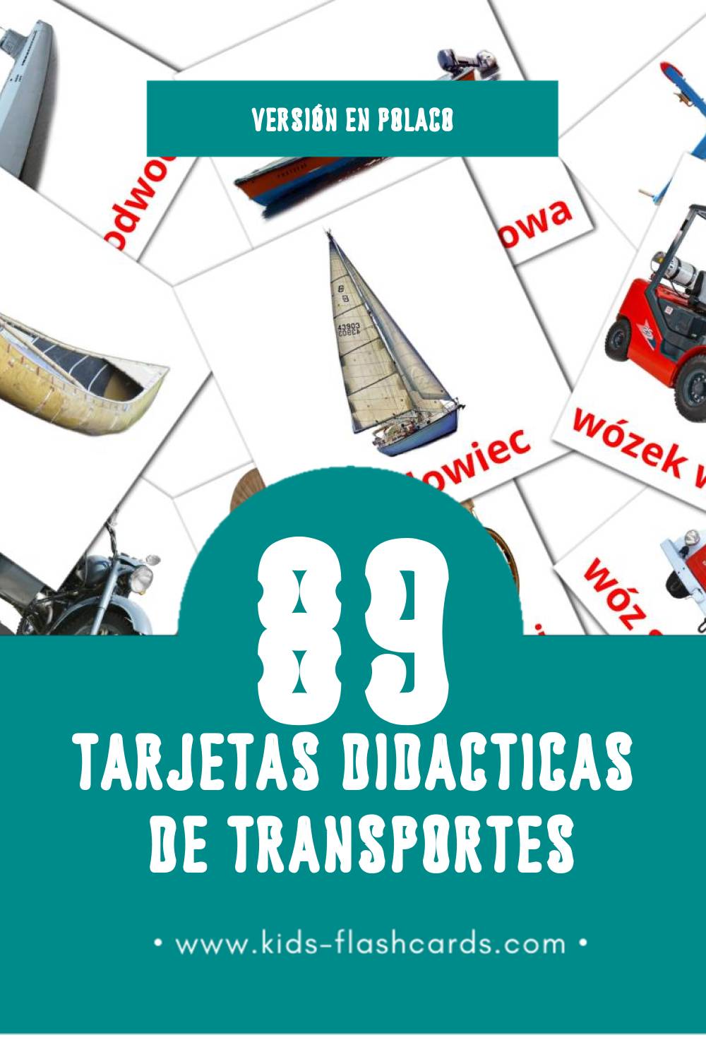 Tarjetas visuales de Transport para niños pequeños (89 tarjetas en Polaco)