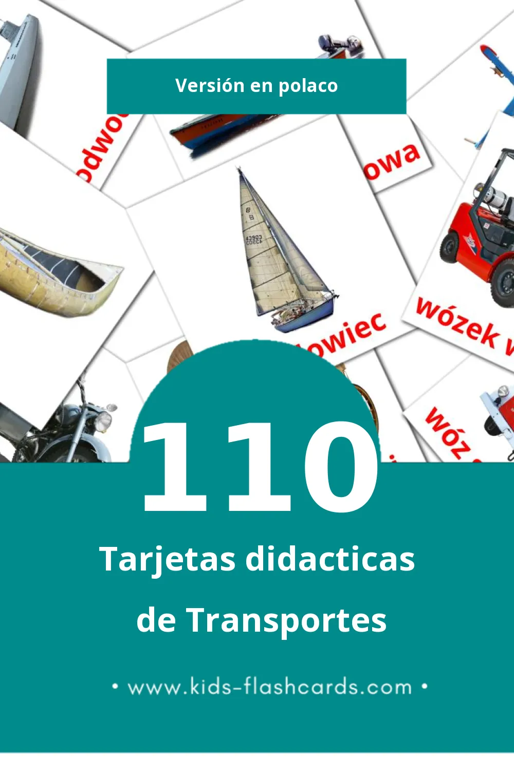 Tarjetas visuales de Transport para niños pequeños (110 tarjetas en Polaco)