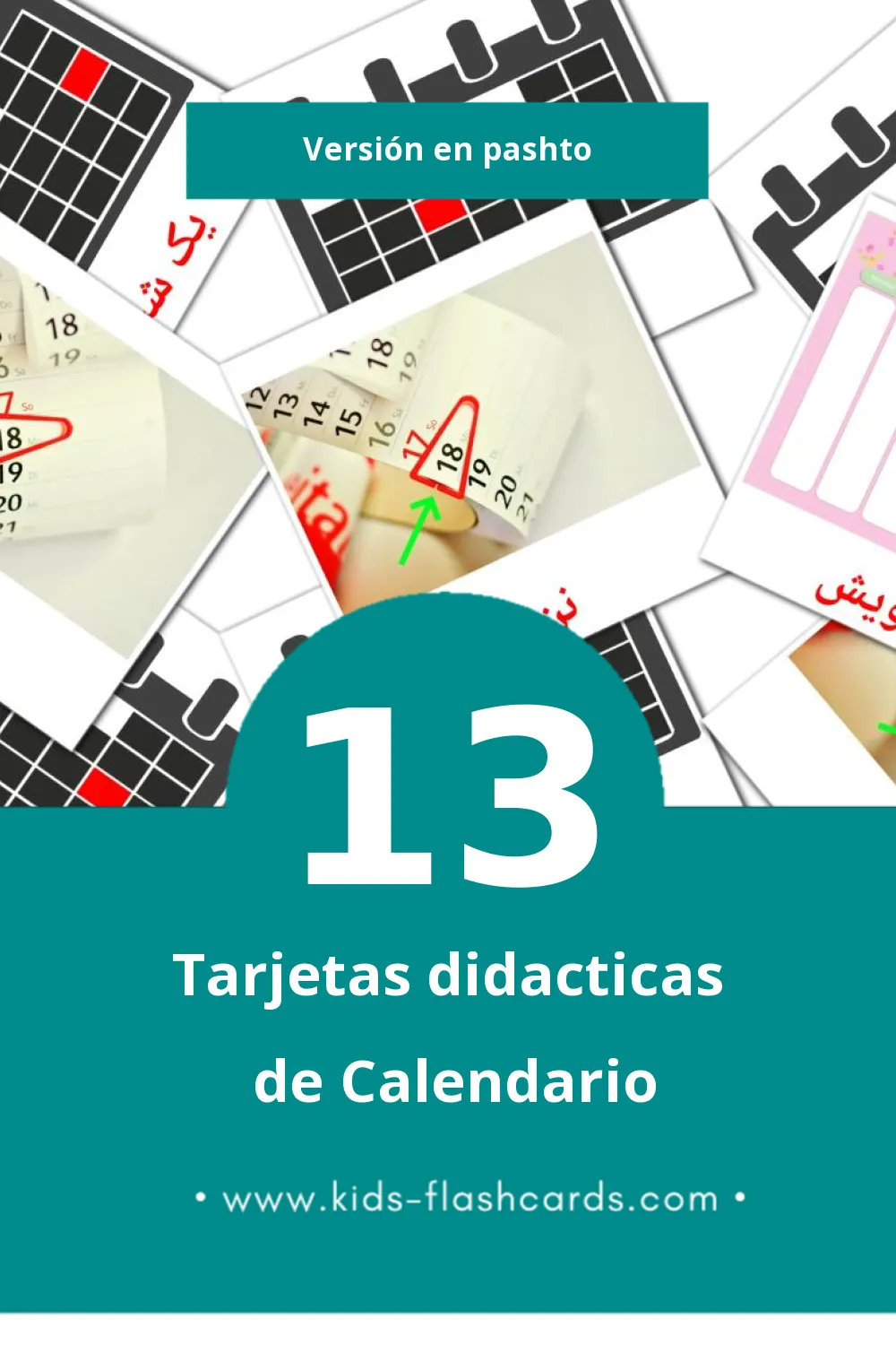 Tarjetas visuales de تقویم para niños pequeños (13 tarjetas en Pashto)