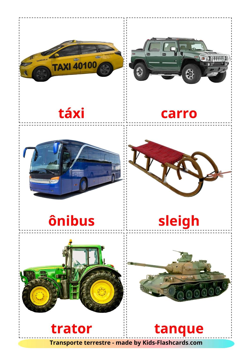 Transporte terrestre - 28 Flashcards portuguêses gratuitos para impressão