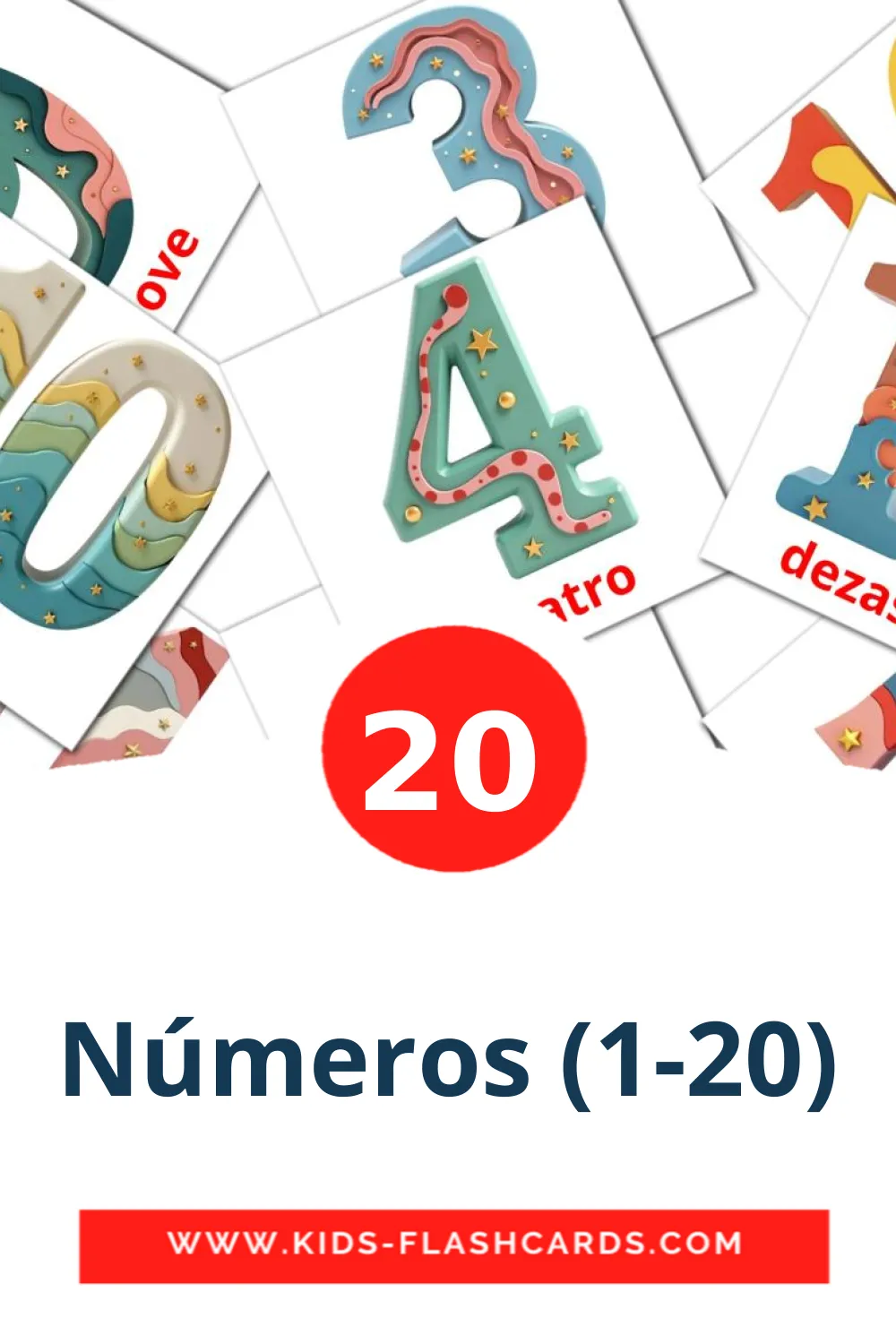 20 carte illustrate di Números (1-20) per la scuola materna in portoghese