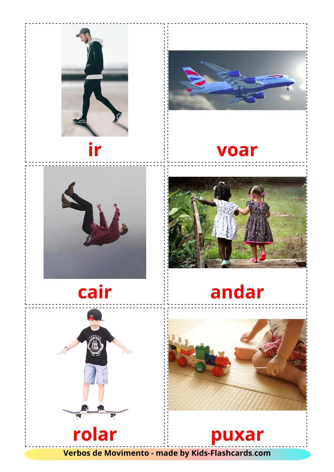 Verbos de Movimento - 20 Flashcards portuguêses gratuitos para impressão