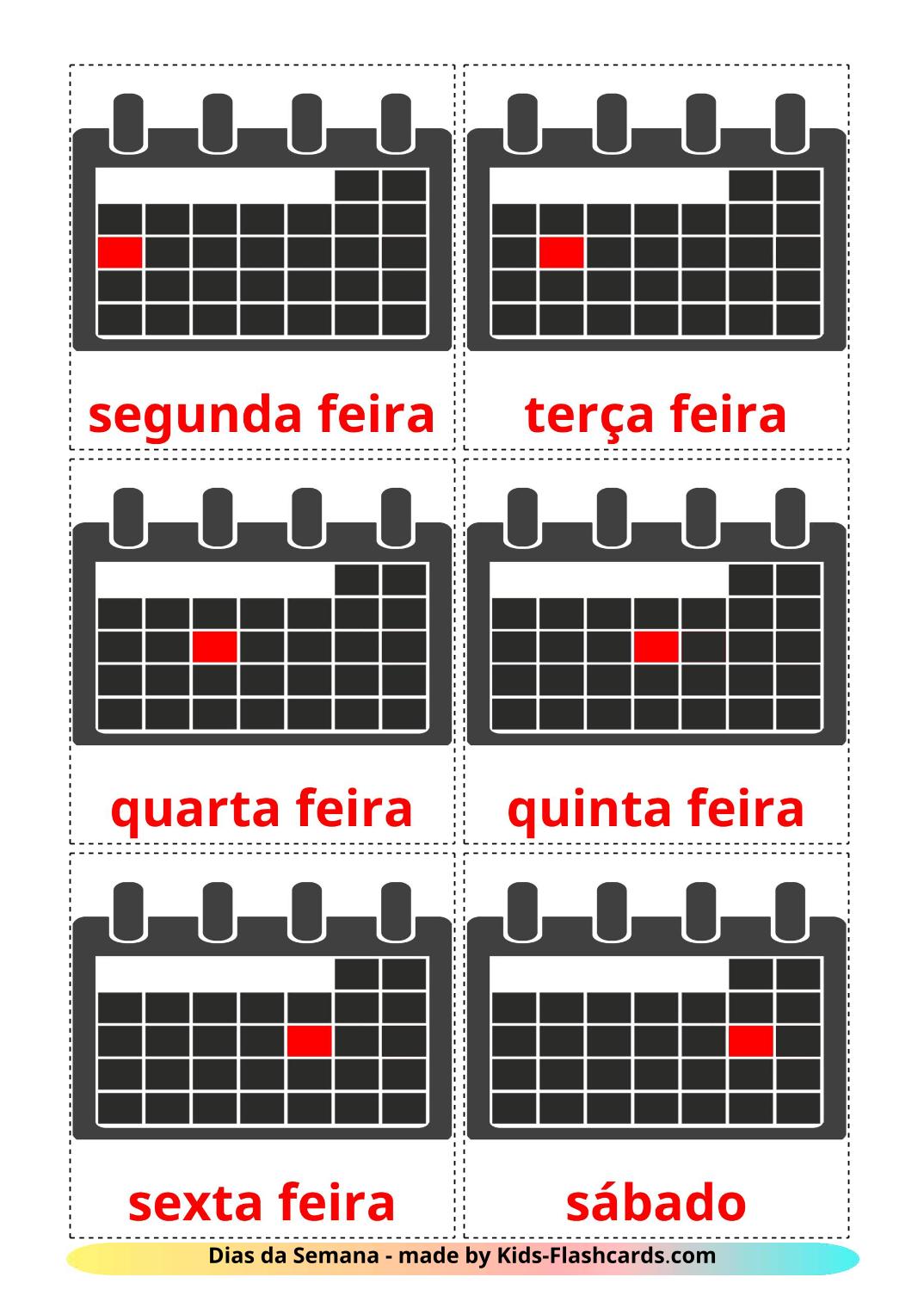 Les Jours de la Semaine - 12 Flashcards portugais imprimables gratuitement
