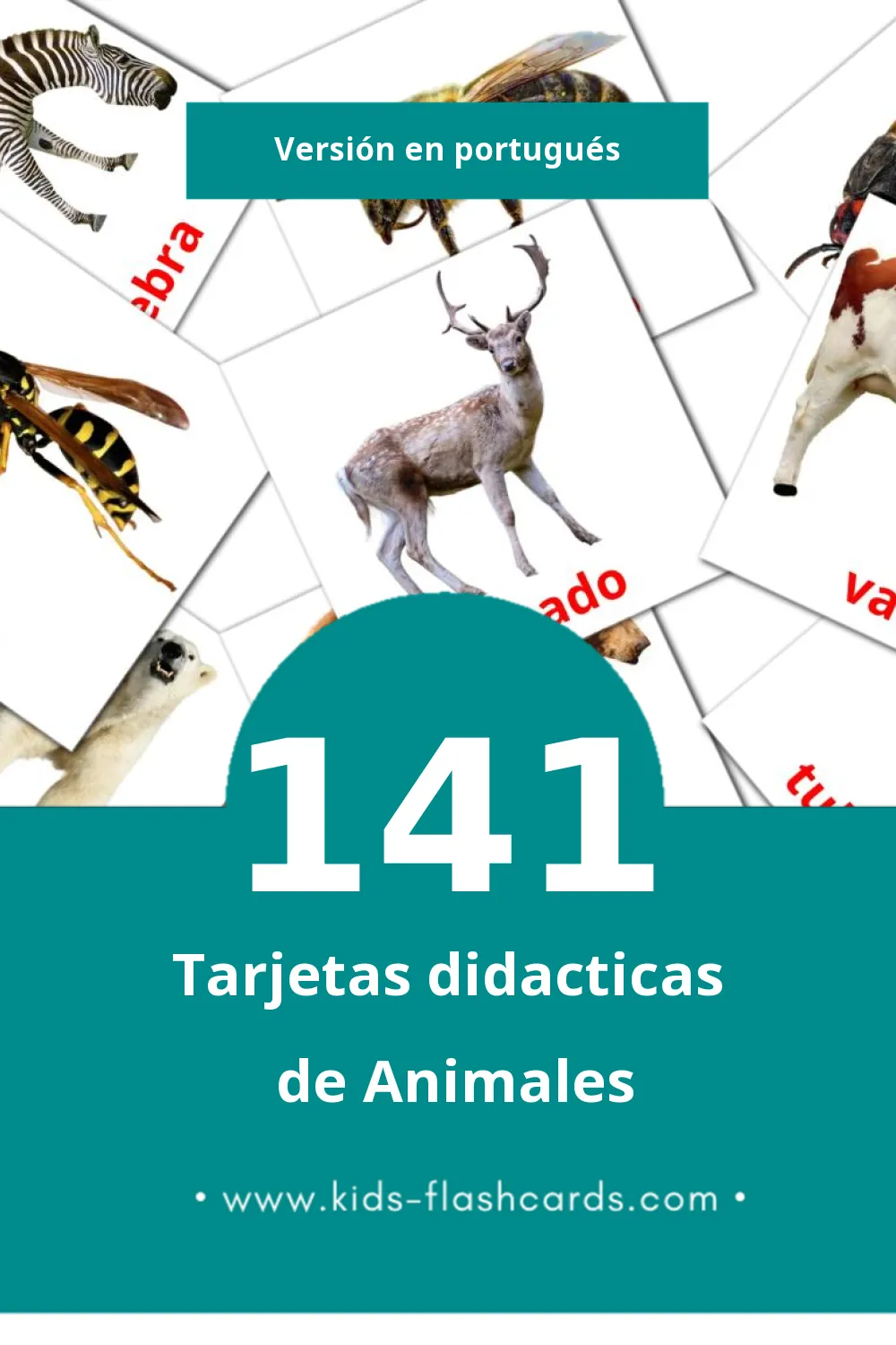 Tarjetas visuales de Animais para niños pequeños (141 tarjetas en Portugués)