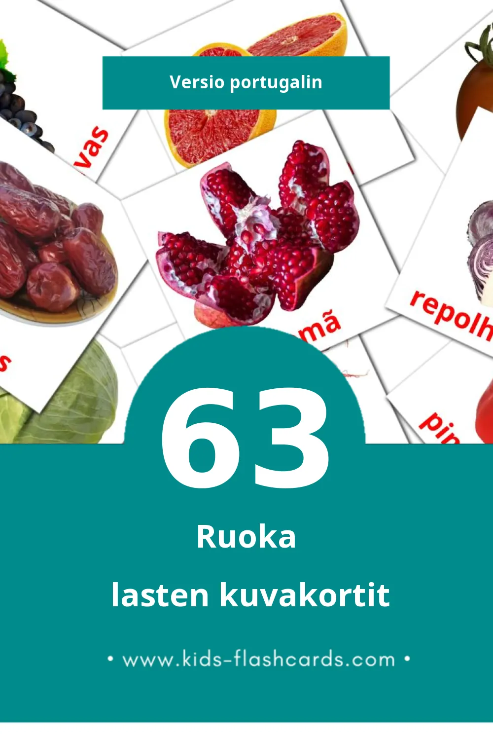 Comida lasten kuvakortit pikkulapsille (63 korttia Portugalinksi)