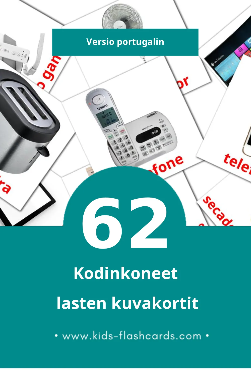 Eletrodomésticos lasten kuvakortit pikkulapsille (62 korttia Portugalinksi)