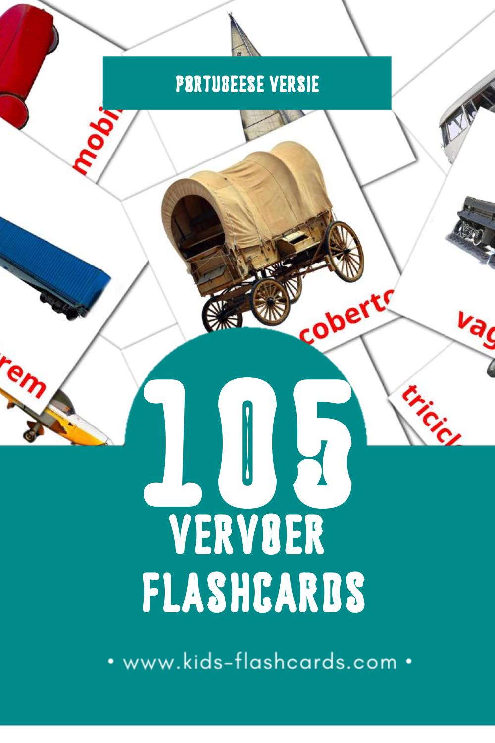 Visuele Transporte Flashcards voor Kleuters (105 kaarten in het Portugees)