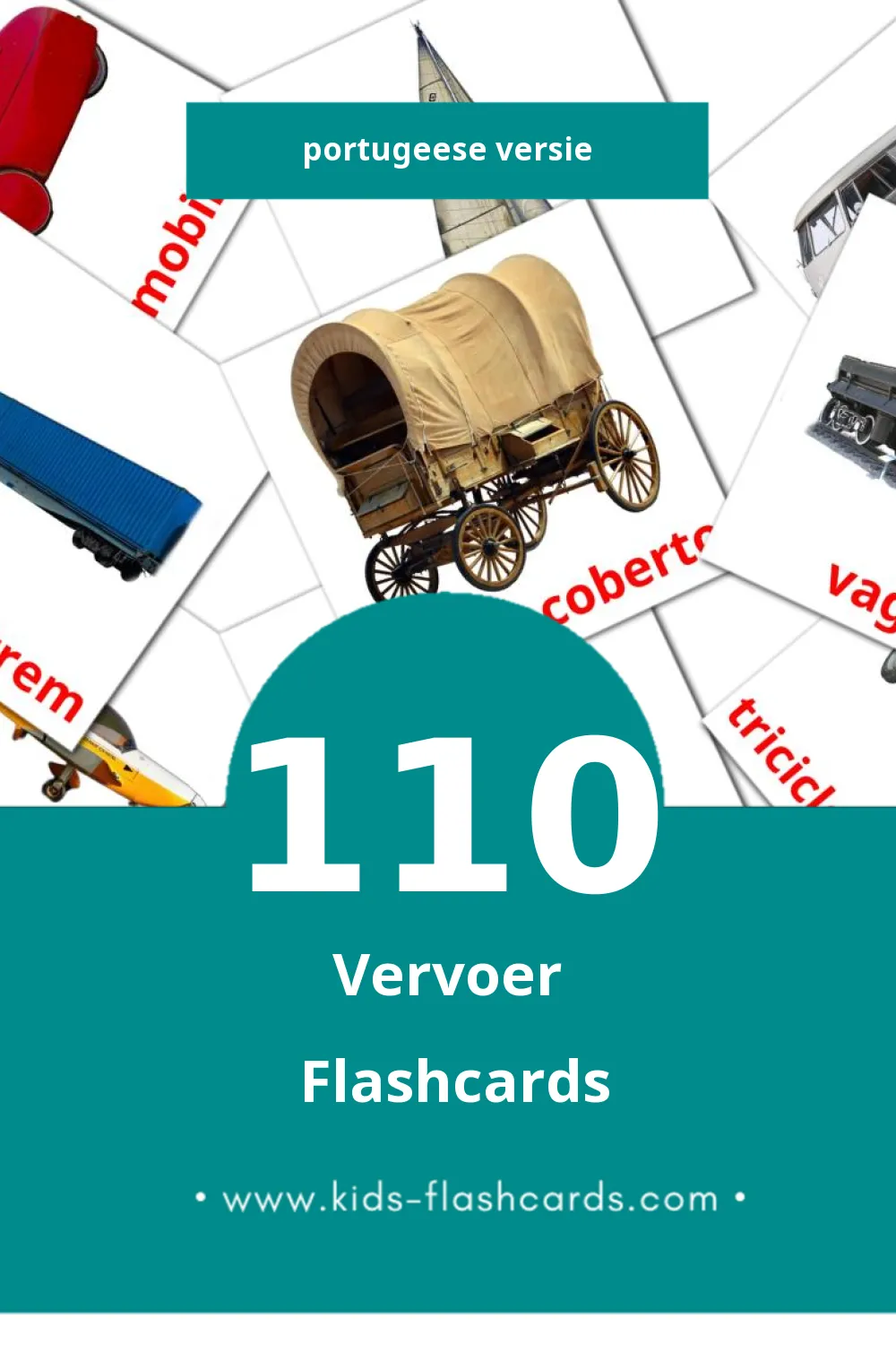 Visuele Transporte Flashcards voor Kleuters (110 kaarten in het Portugees)