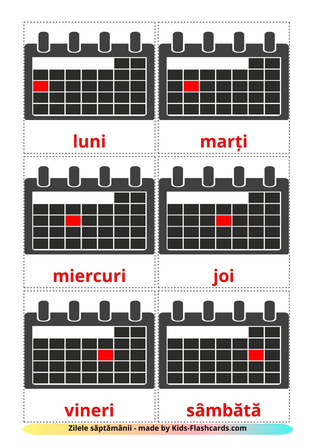 Giorni della settimana - 13 flashcards rumeno stampabili gratuitamente