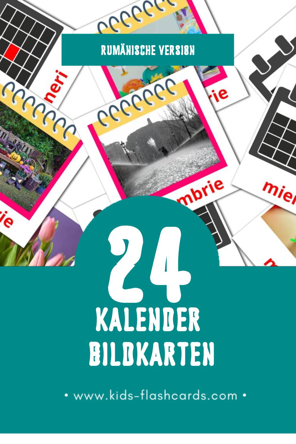 Visual Calendar Flashcards für Kleinkinder (24 Karten in Rumänisch)