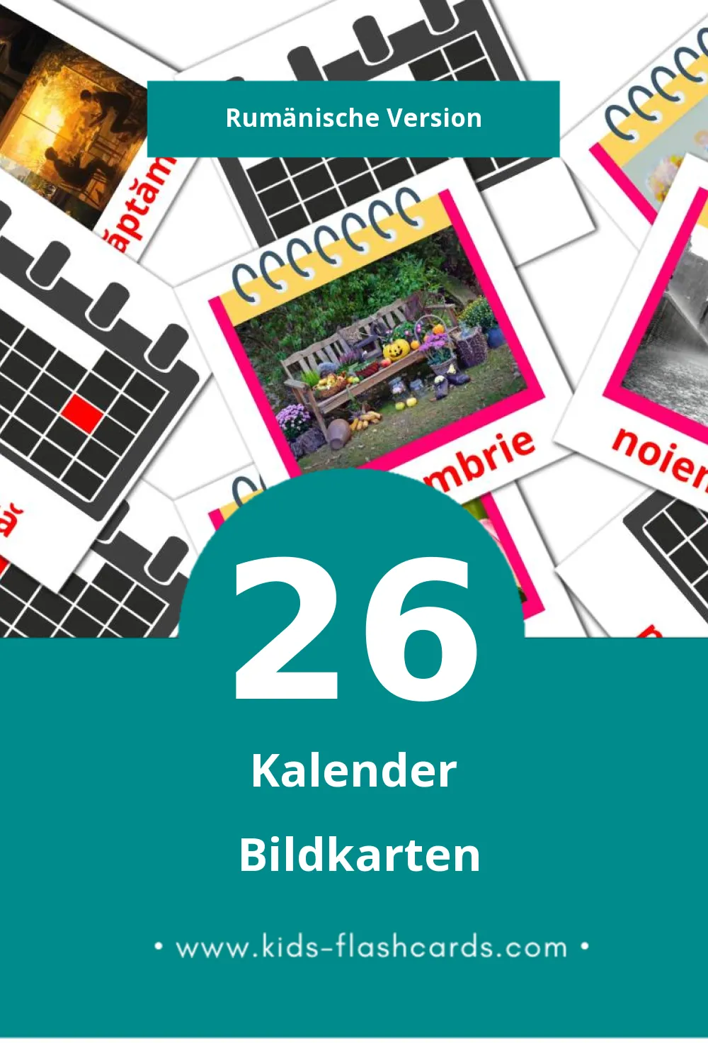 Visual Calendar Flashcards für Kleinkinder (26 Karten in Rumänisch)