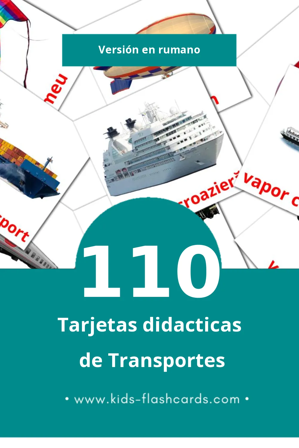 Tarjetas visuales de Transport para niños pequeños (110 tarjetas en Rumano)