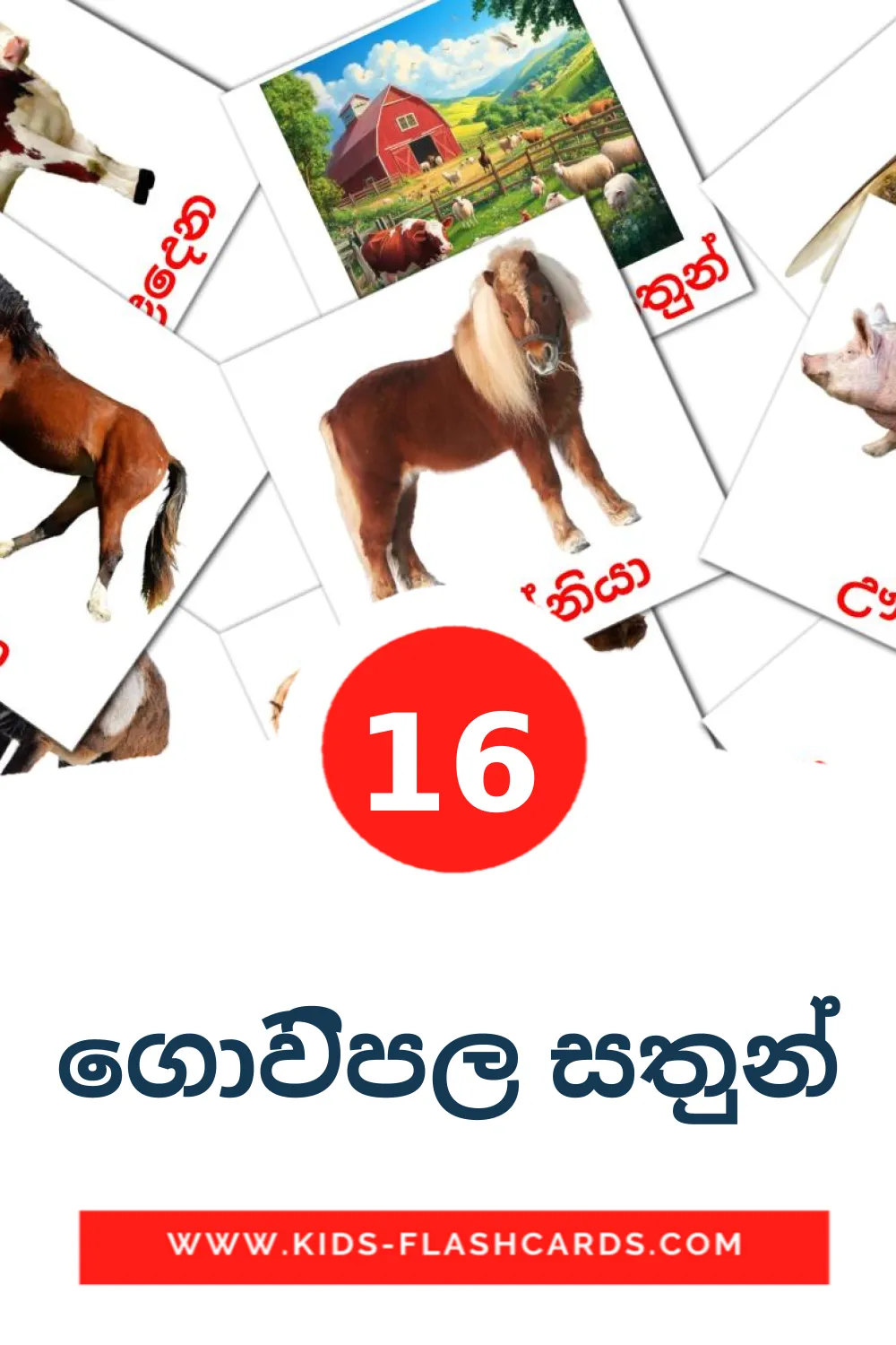 16 cartes illustrées de ගොවිපල සතුන් pour la maternelle en cinghalais