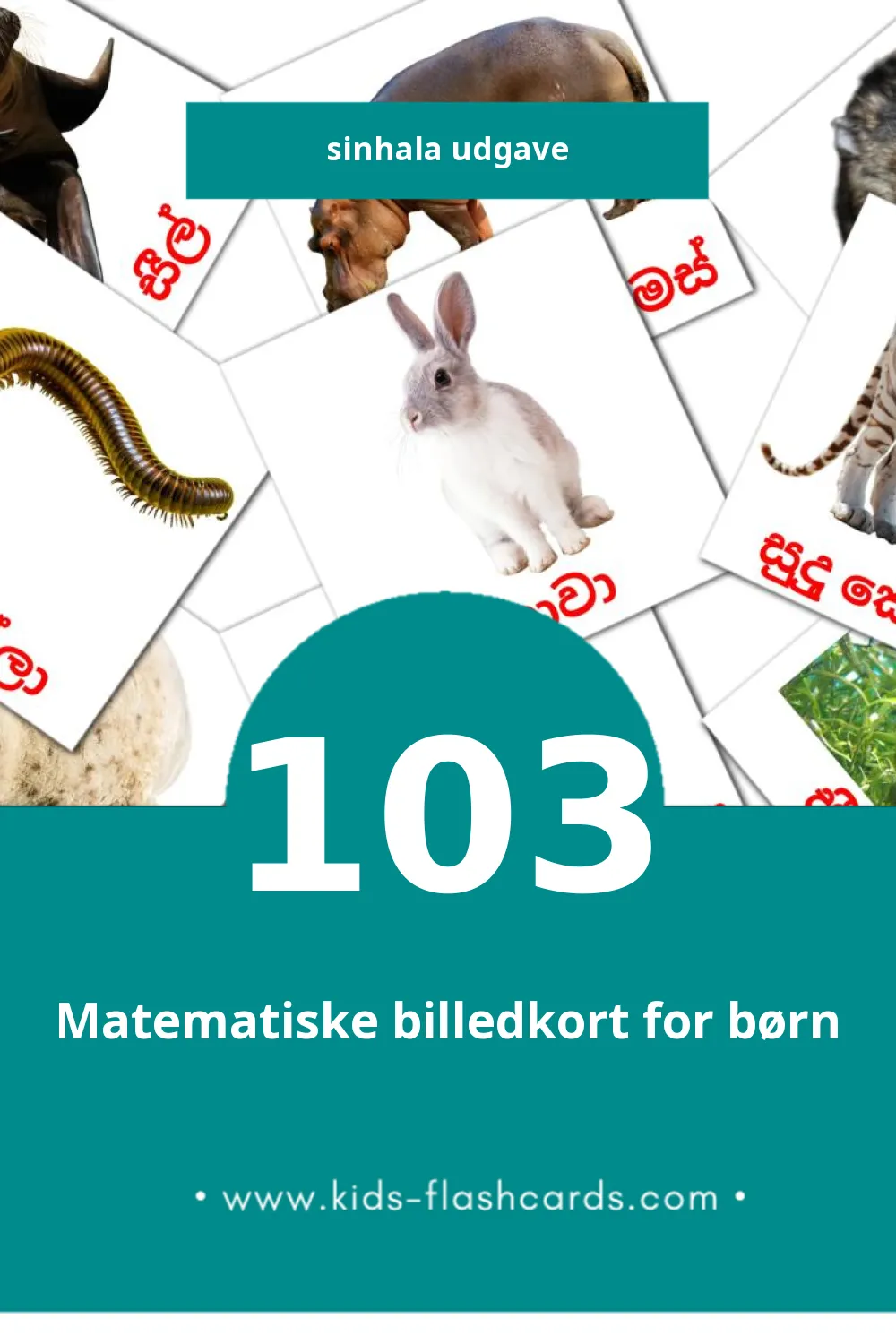 Visuelle billedkort for børn om සතුන්  til småbørn (103 kort på Sinhala)