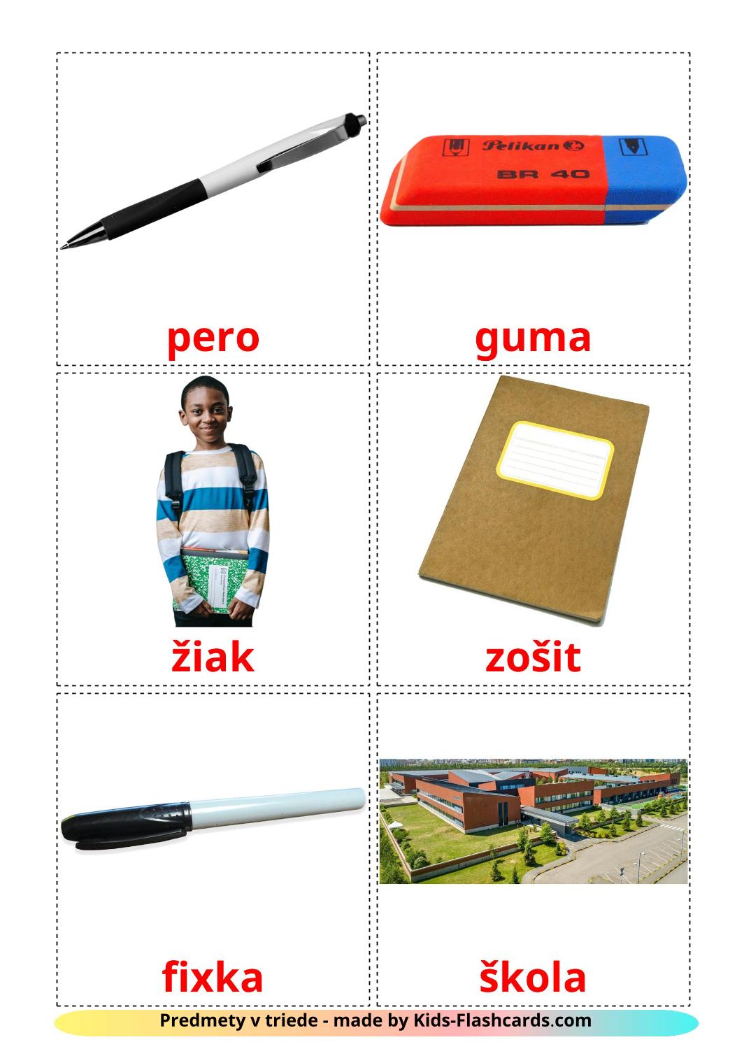 Classroom objects - 36 Free Printable slovak Flashcards 