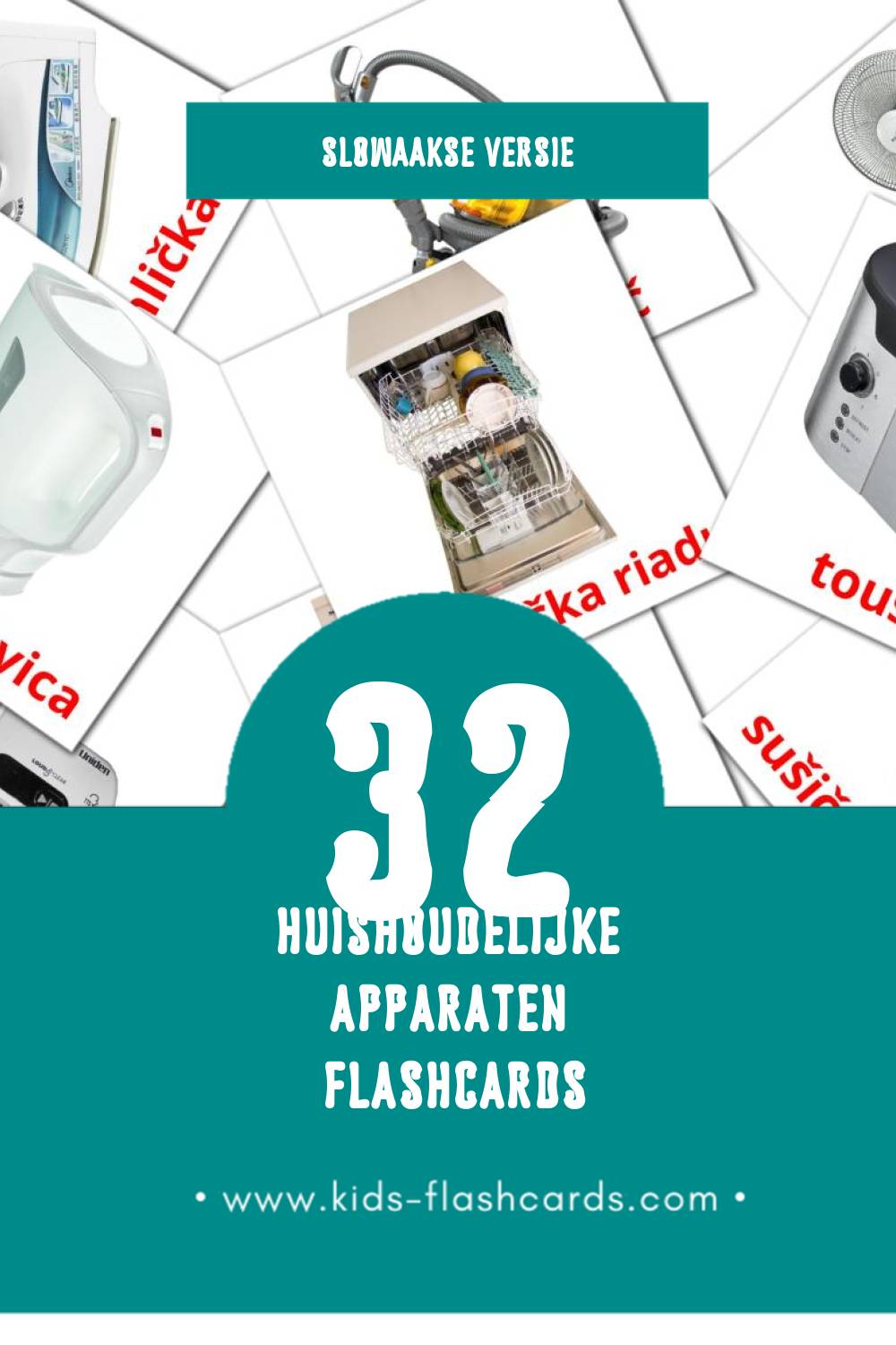 Visuele Domáce spotrebiče Flashcards voor Kleuters (32 kaarten in het Slowaaks)