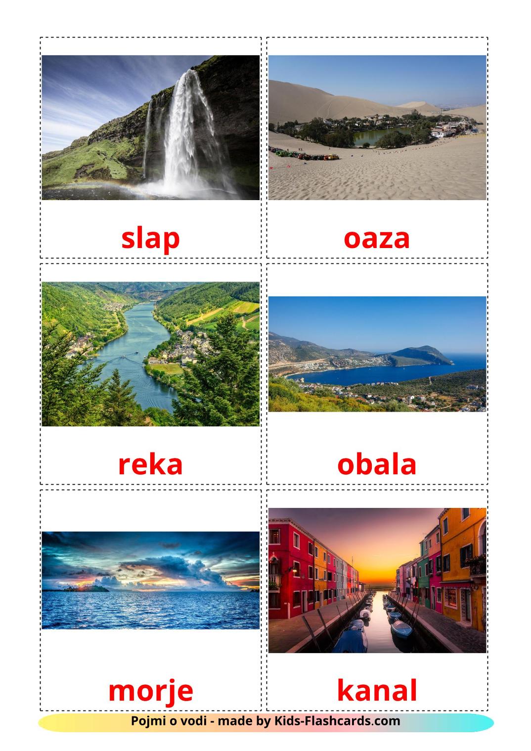 Éléments d'eau - 30 Flashcards slovène imprimables gratuitement