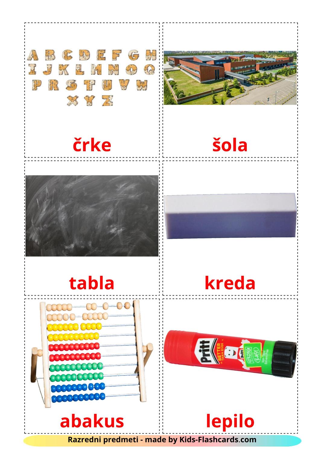 Objetos de sala de aula - 36 Flashcards slovenianes gratuitos para impressão