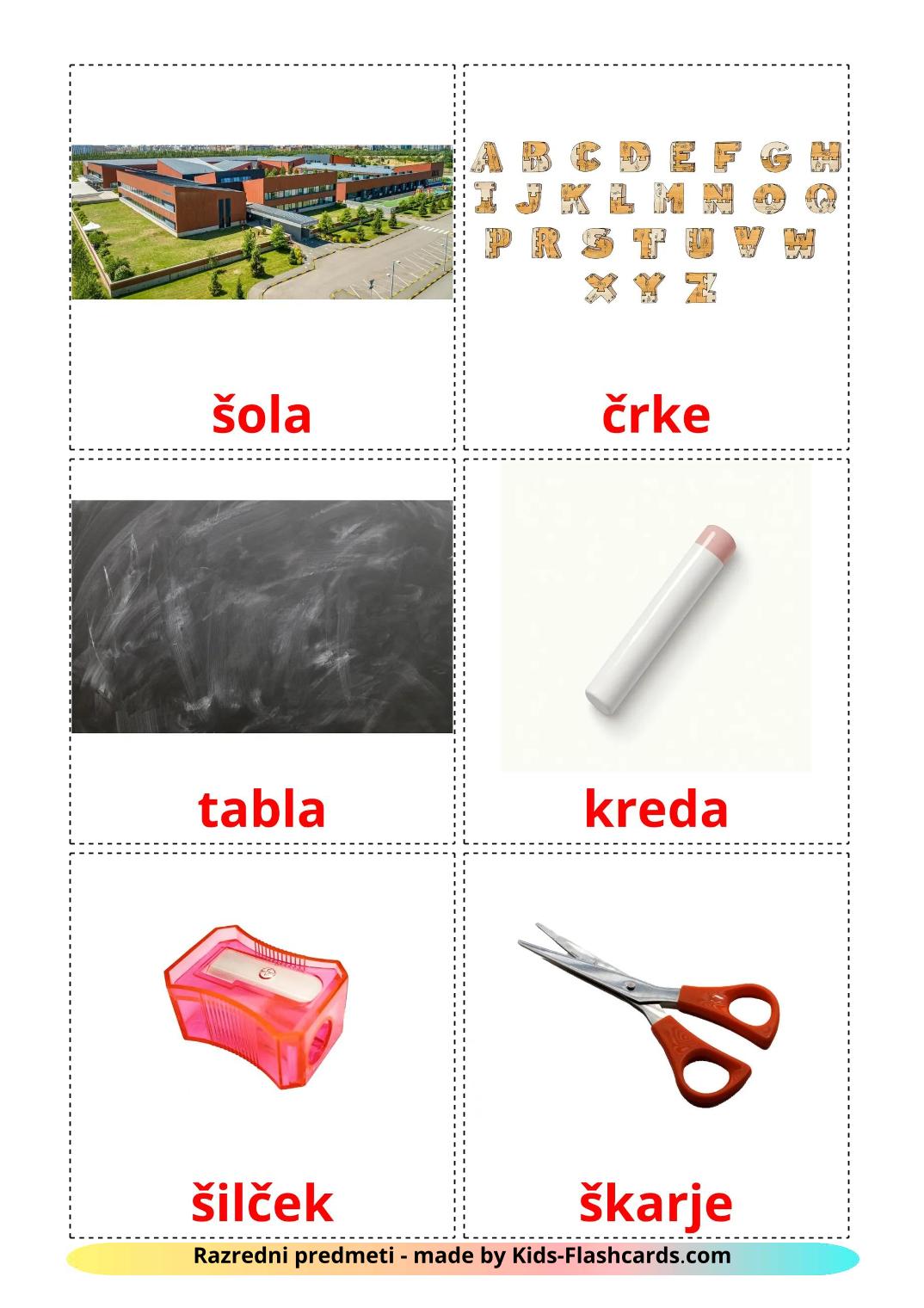 Classroom objects - 37 Free Printable slovenian Flashcards 